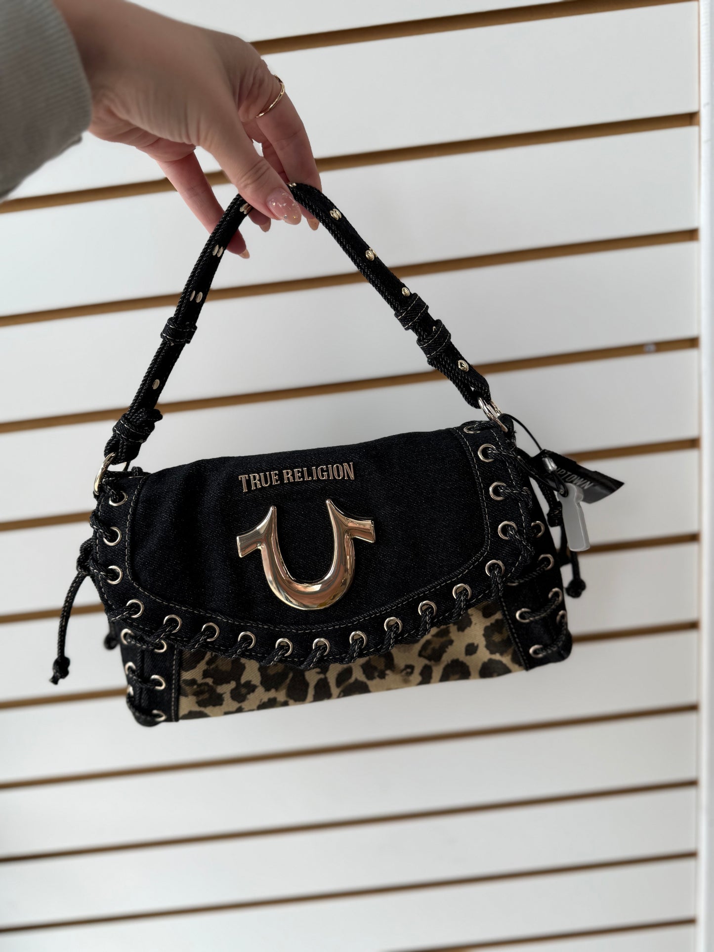 True Religion Denim Leopard Eyelet Trim Flap Bag