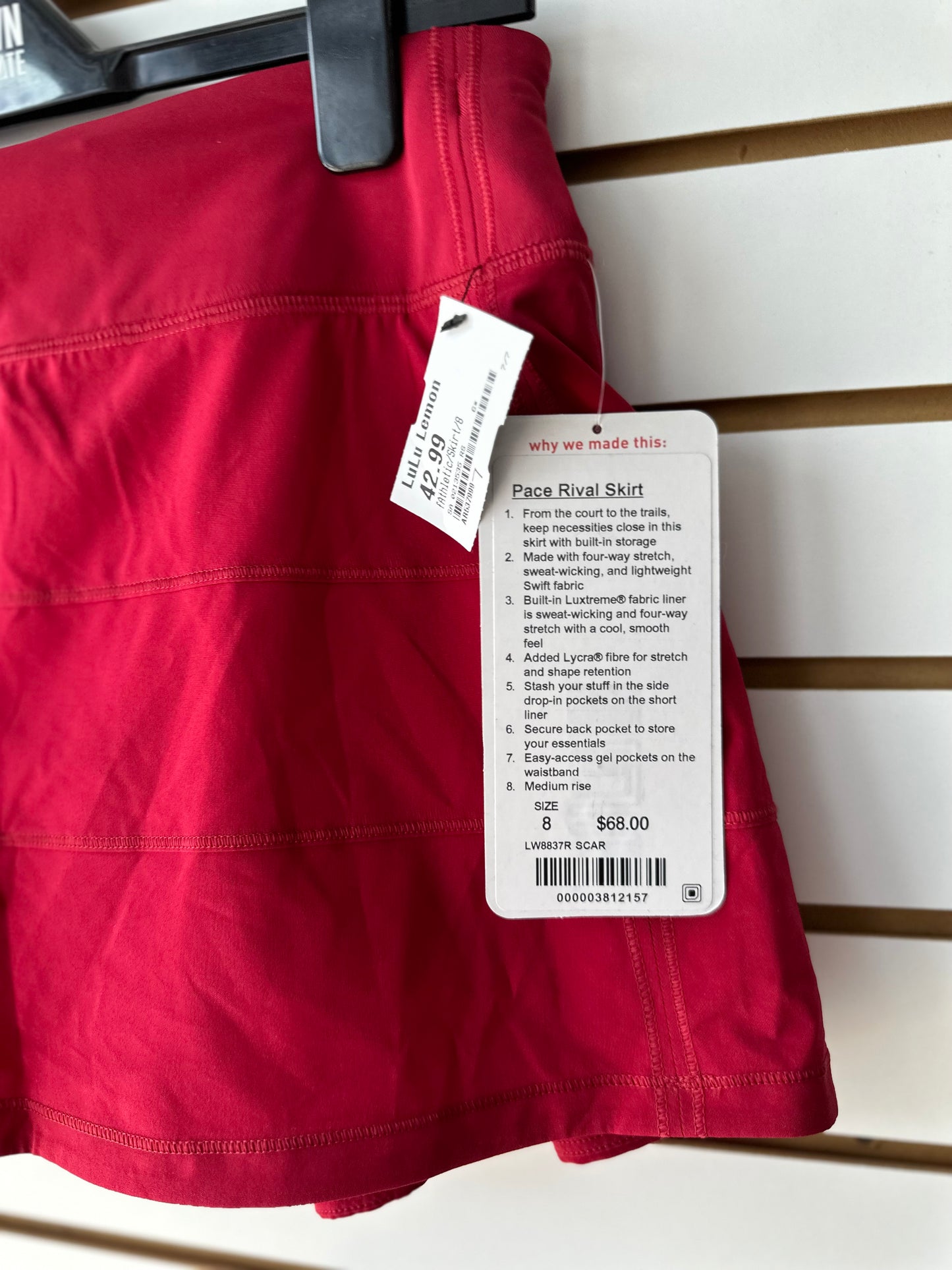 NWT Lululemon red pace rival skort size 8