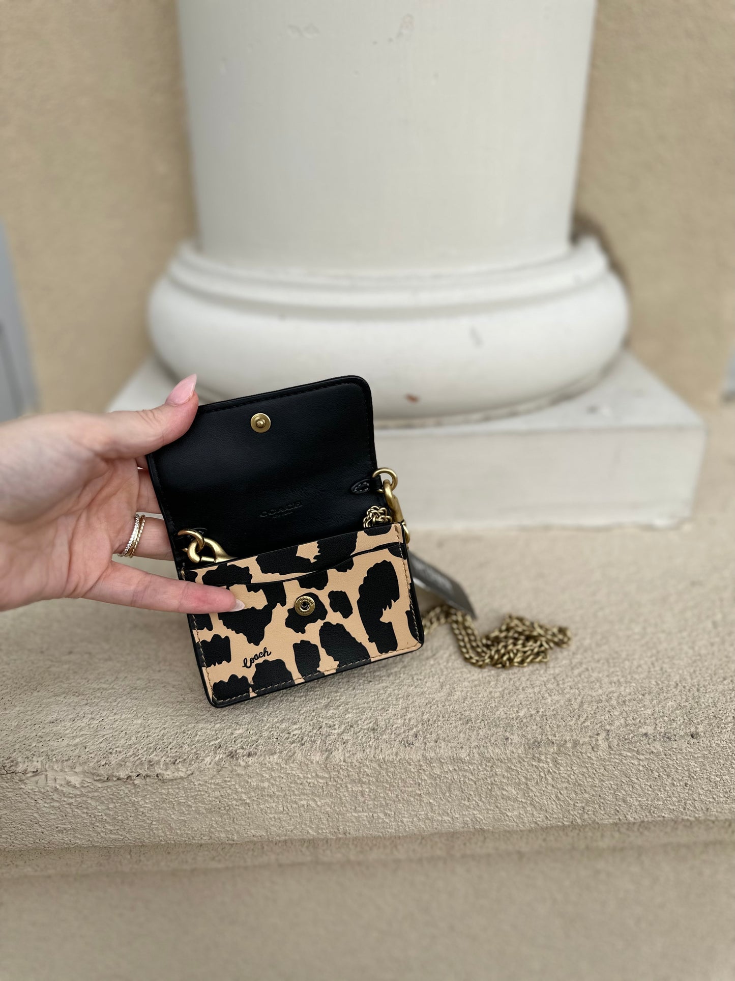 Coach Leopard Print Leather Flap Card Case w/ crossbody strap