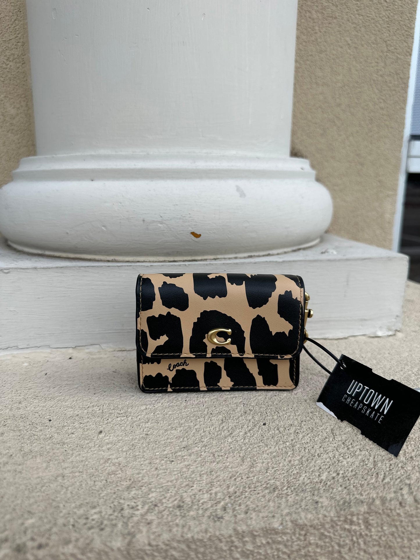 Coach Leopard Print Leather Flap Card Case w/ crossbody strap