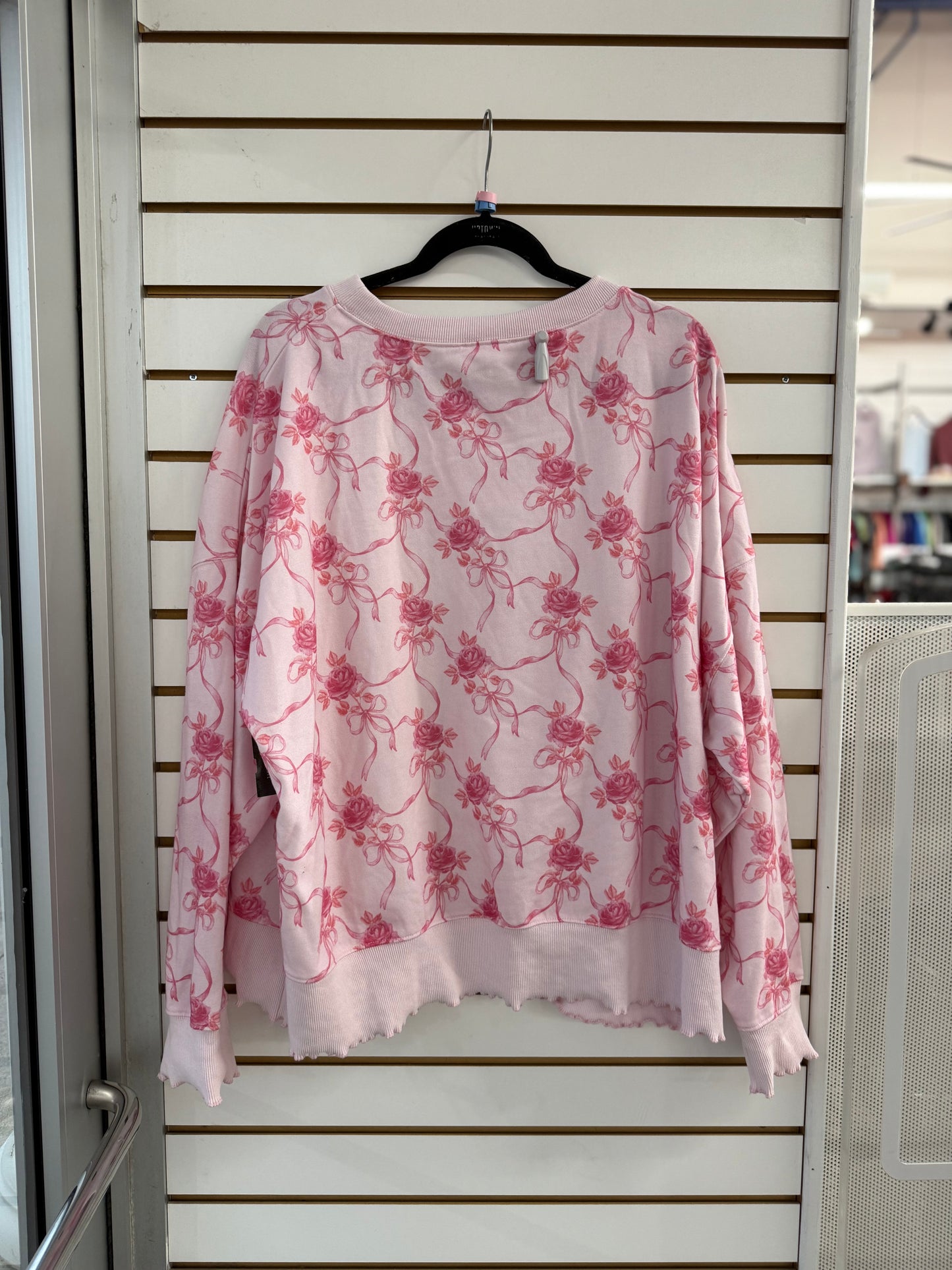 Peach Love pink floral bow pullover with ruffle trim size large