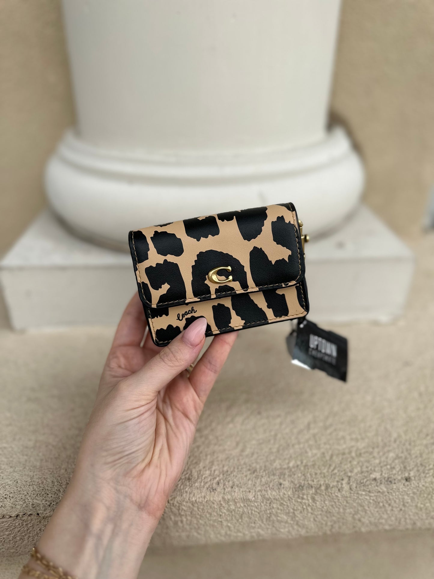 Coach Leopard Print Leather Flap Card Case w/ crossbody strap