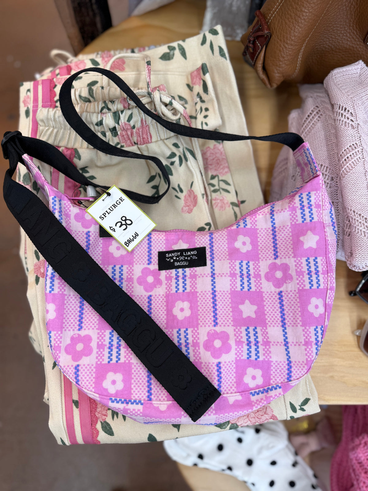 Baggu x Sandy Liang Nylon Crescent Bag Market Plaid Pink