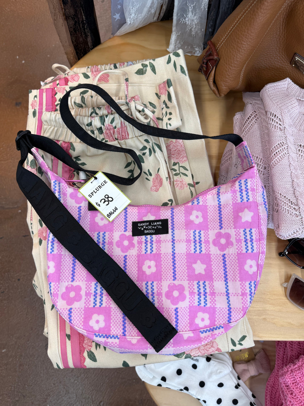 Baggu x Sandy Liang Nylon Crescent Bag Market Plaid Pink
