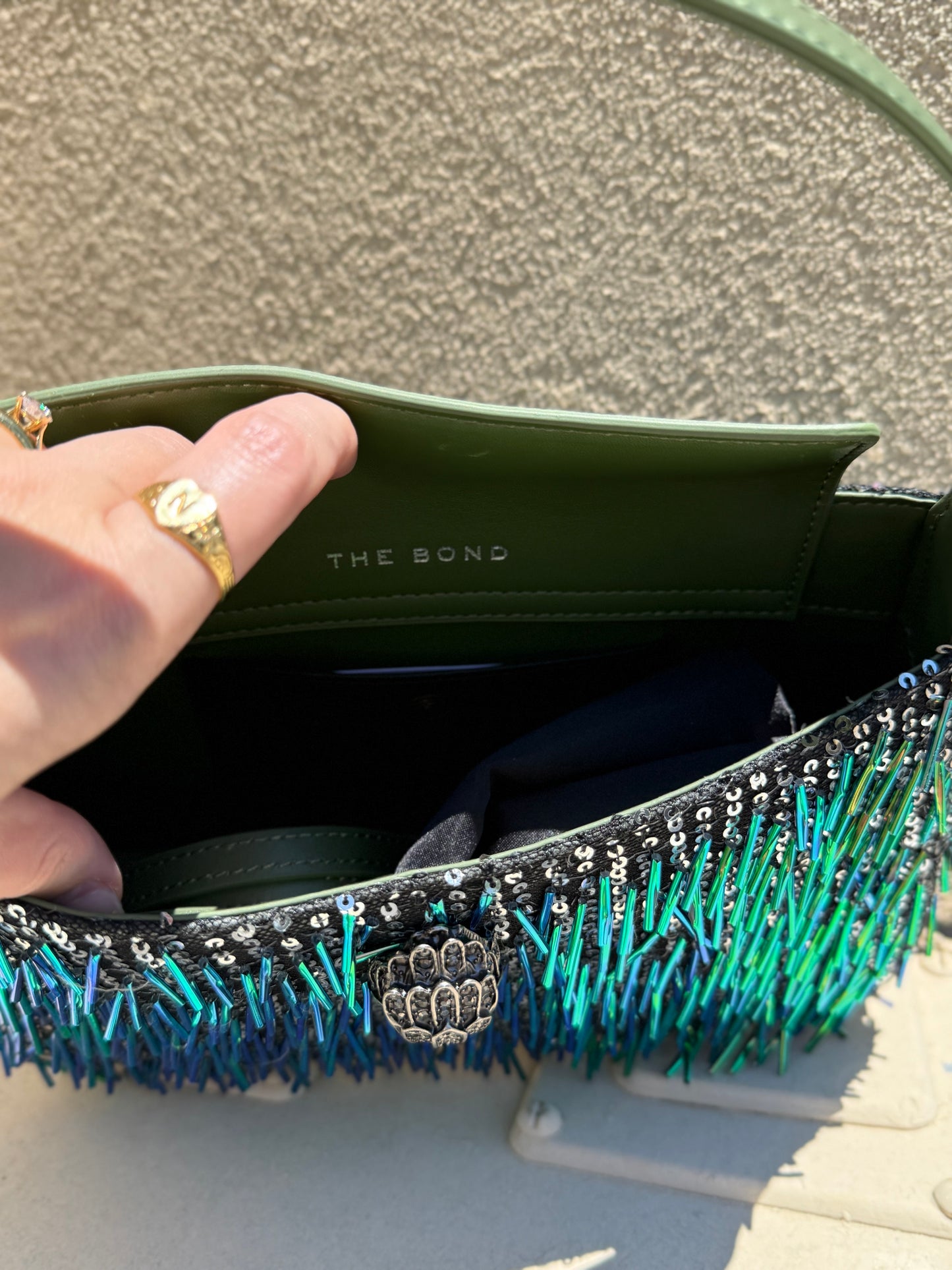 NWT Kurt Geiger Bond green beaded sequin shoulder bag w/ crossbody strap & dust bag
