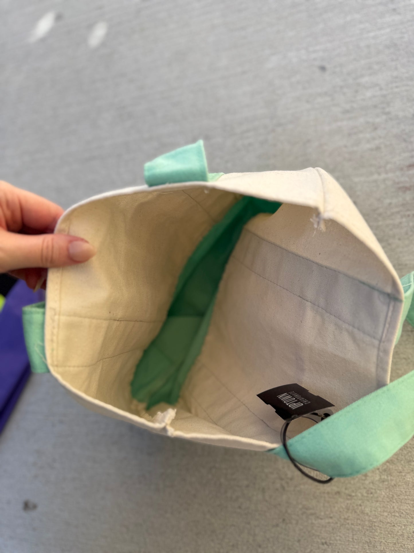 Trader Joe’s mini canvas tote bag, cream/turquoise