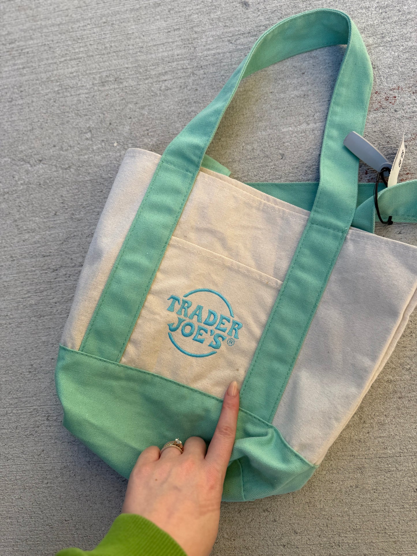 Trader Joe’s mini canvas tote bag, cream/turquoise
