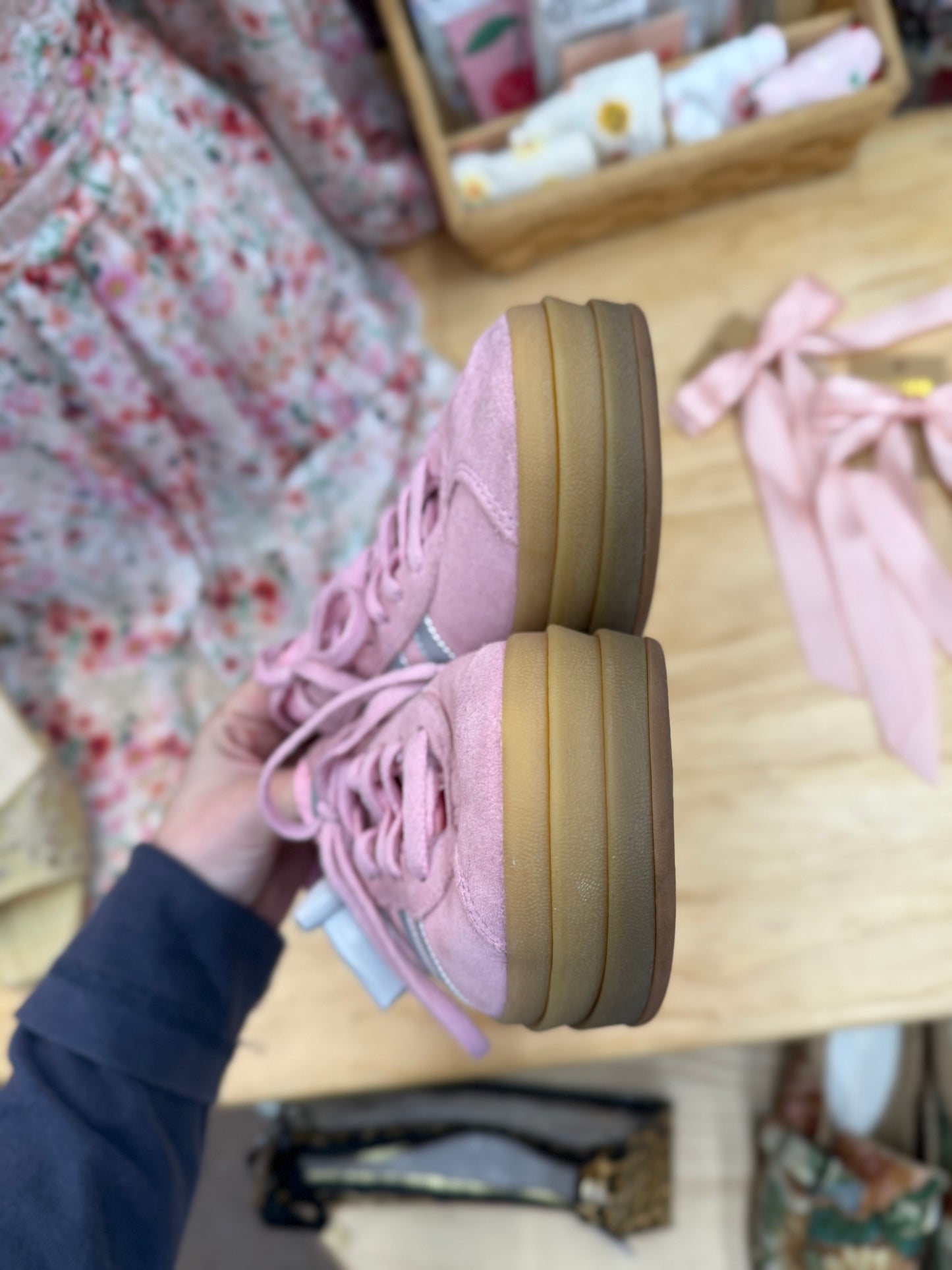 RESERVED Adidas pink silver platform gazelles sz 6 as-is