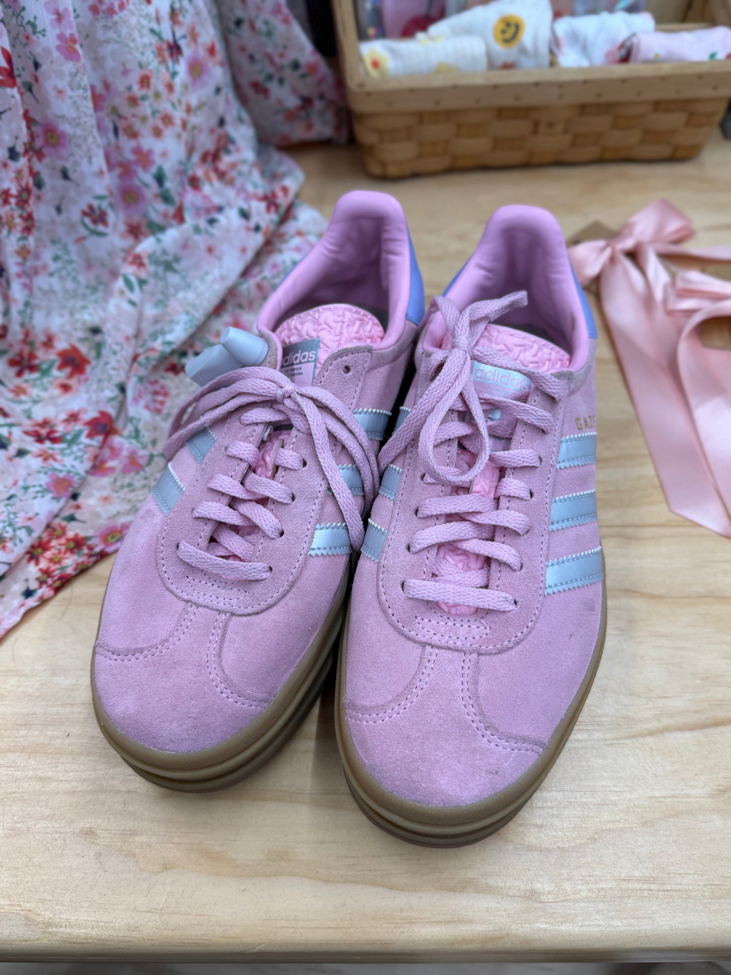 RESERVED Adidas pink silver platform gazelles sz 6 as-is