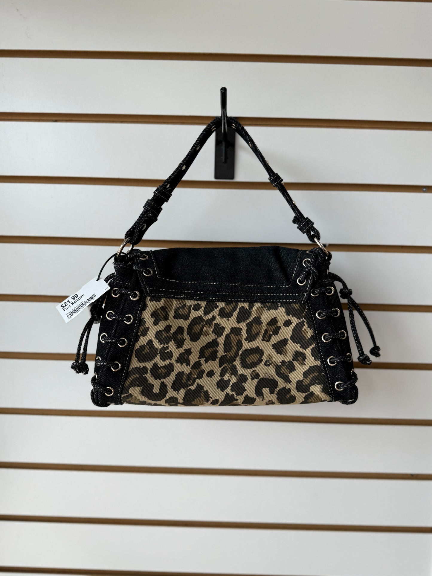 True Religion Denim Leopard Eyelet Trim Flap Bag