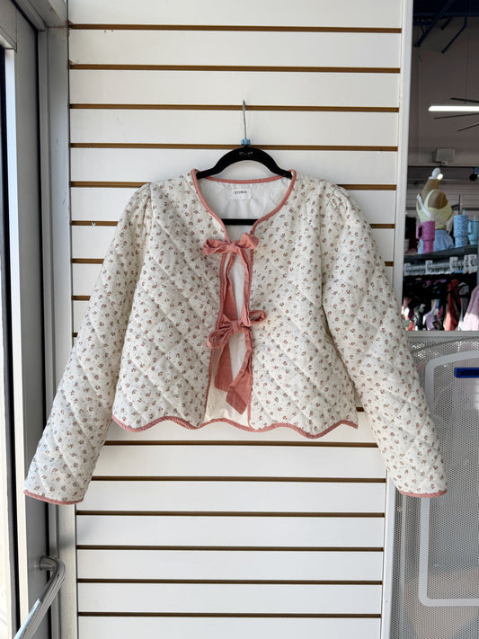 Storia pink and cream floral quilted tie jacket size large