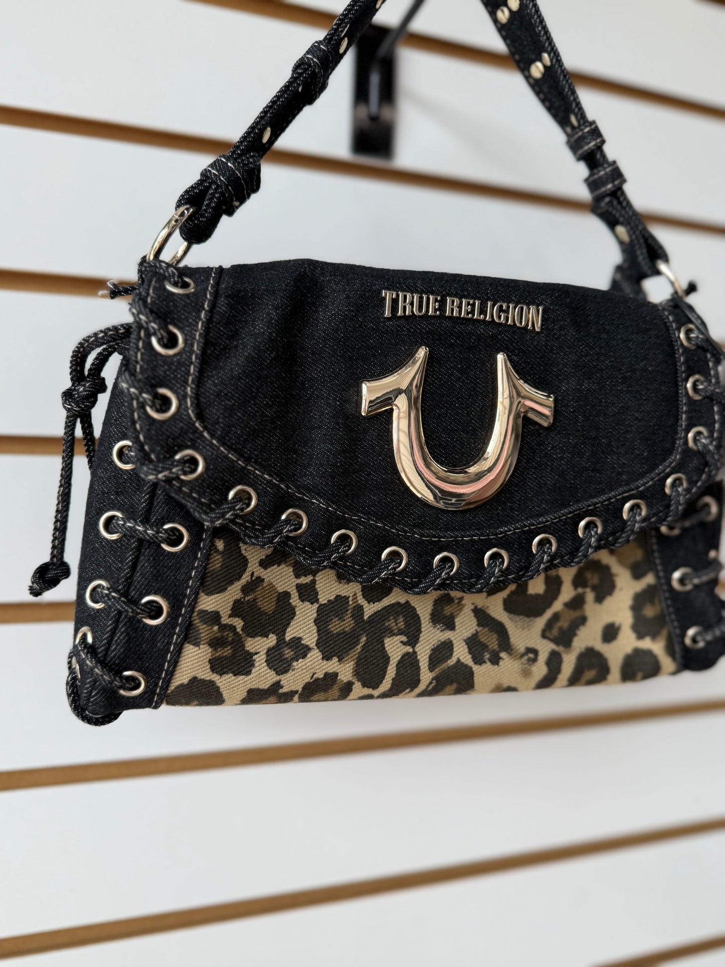 True Religion Denim Leopard Eyelet Trim Flap Bag