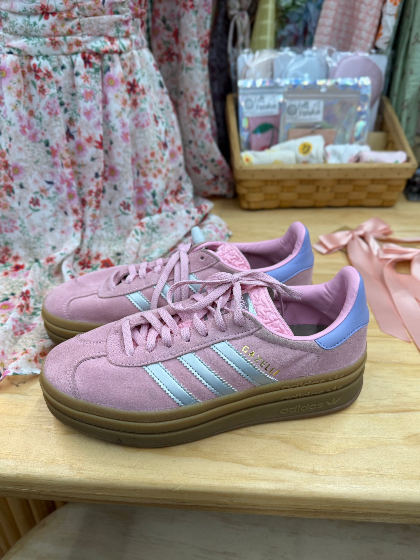 RESERVED Adidas pink silver platform gazelles sz 6 as-is