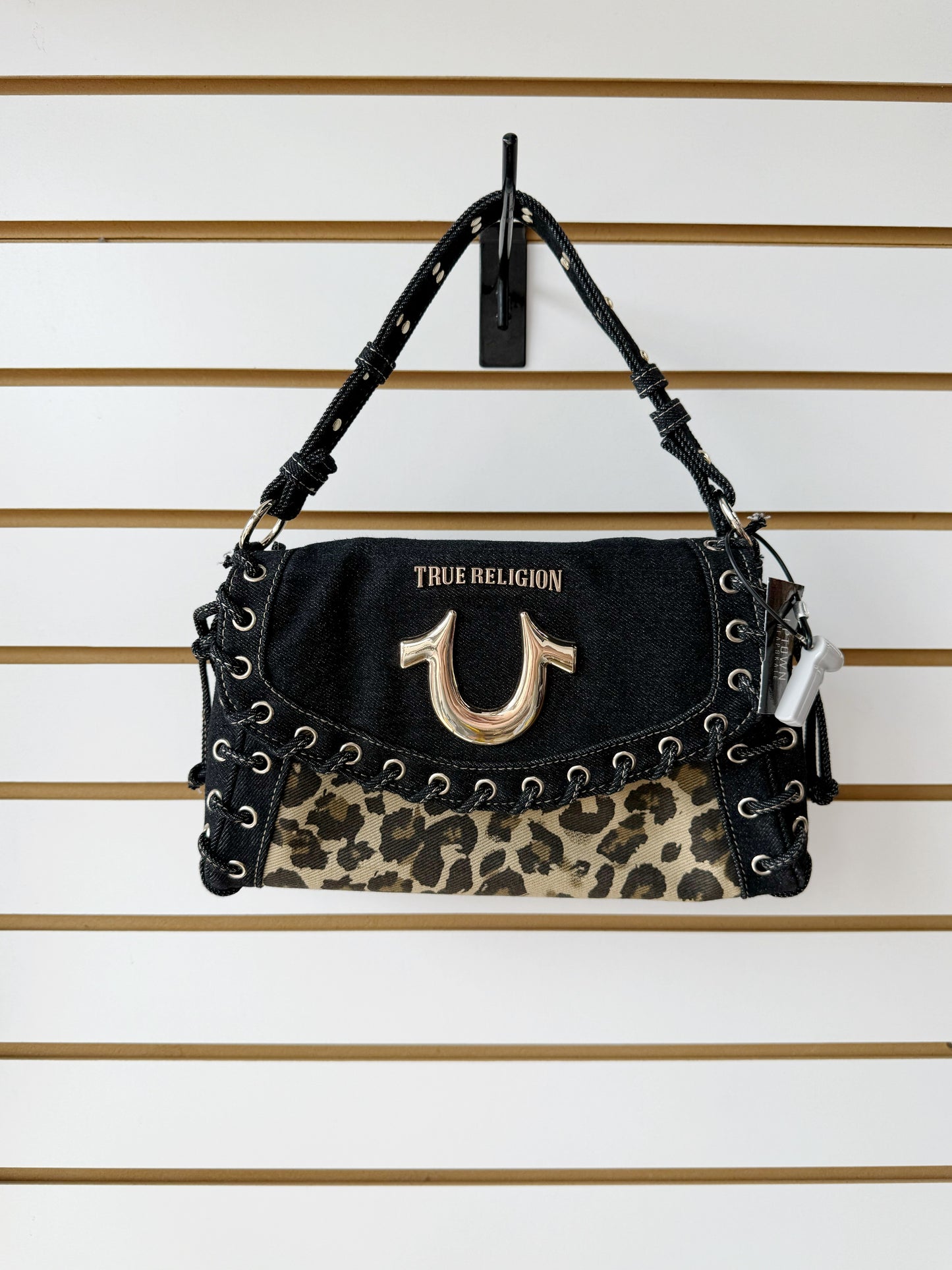 True Religion Denim Leopard Eyelet Trim Flap Bag
