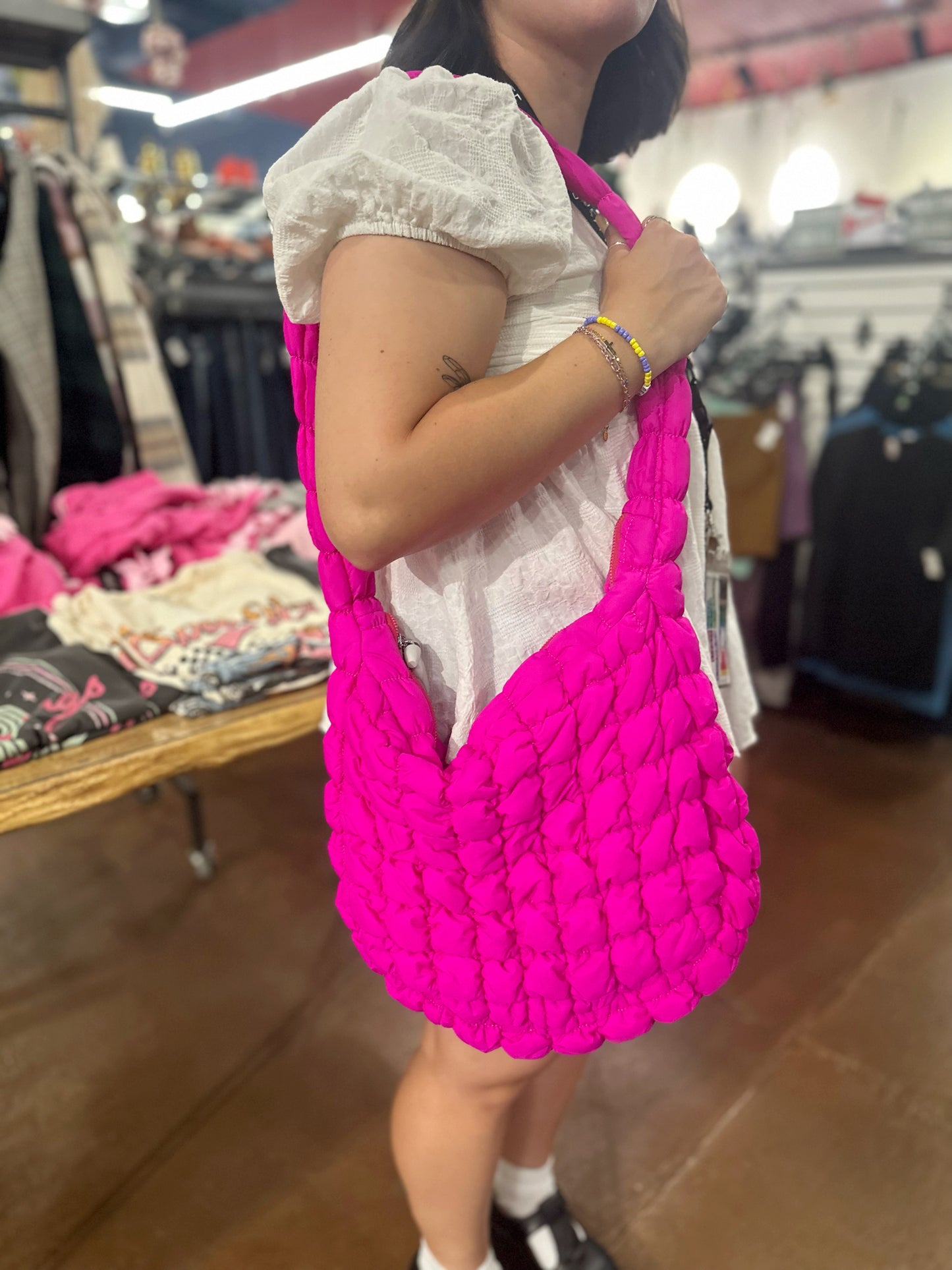 Hot pink quilted puffer bag, no brand