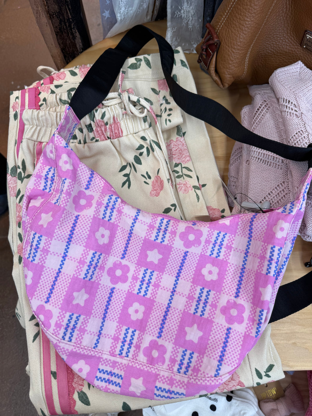 Baggu x Sandy Liang Nylon Crescent Bag Market Plaid Pink