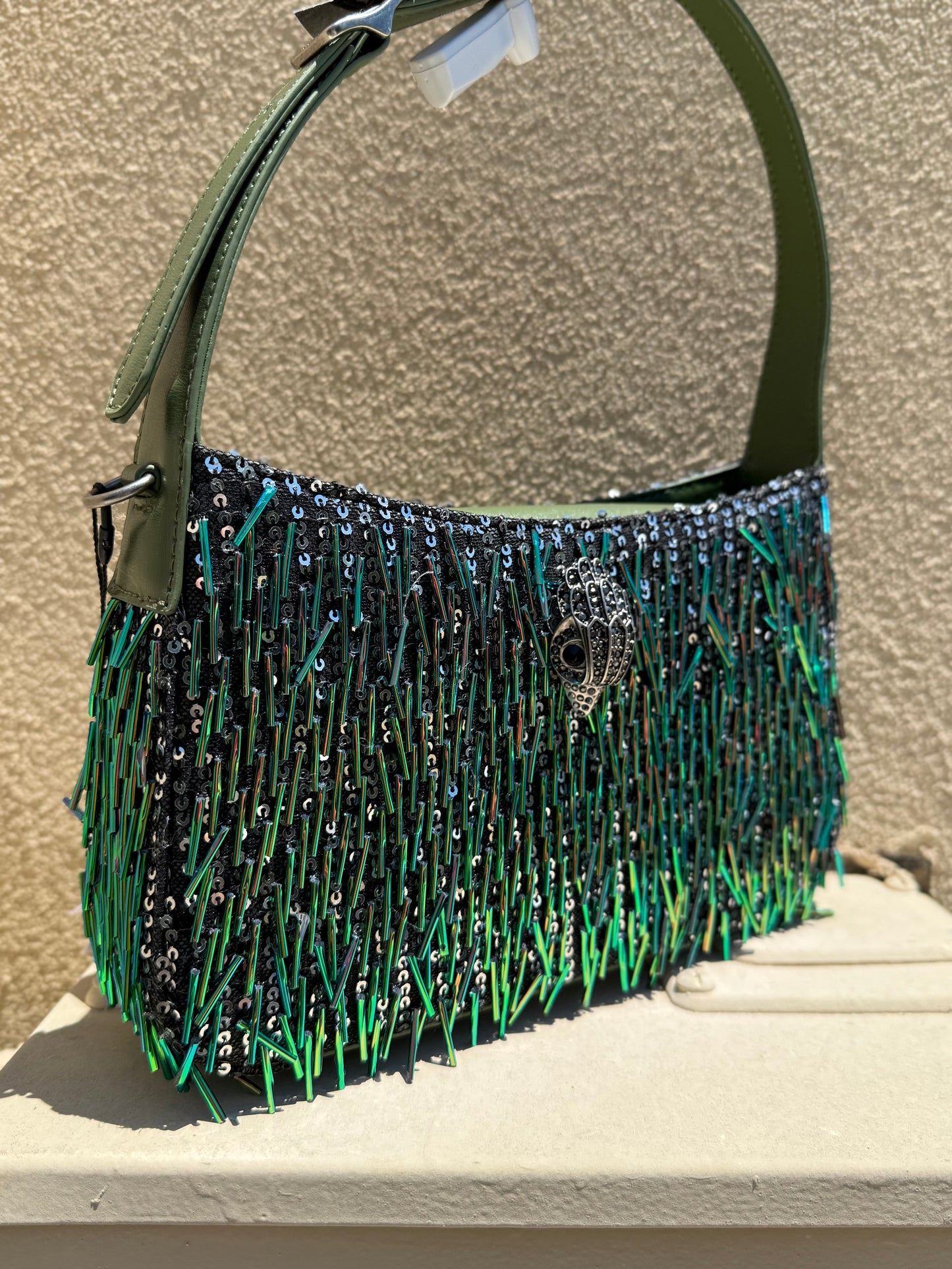 NWT Kurt Geiger Bond green beaded sequin shoulder bag w/ crossbody strap & dust bag