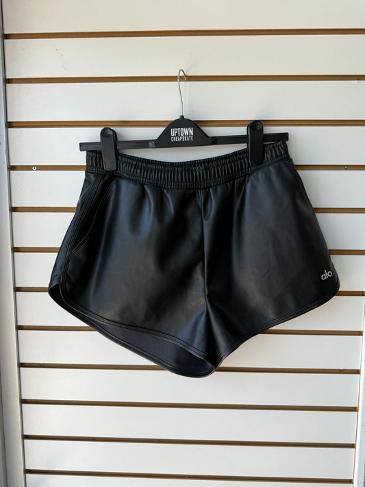 ALO Yoga Women’s Faux Leather Power Hour Short, Black, size Medium