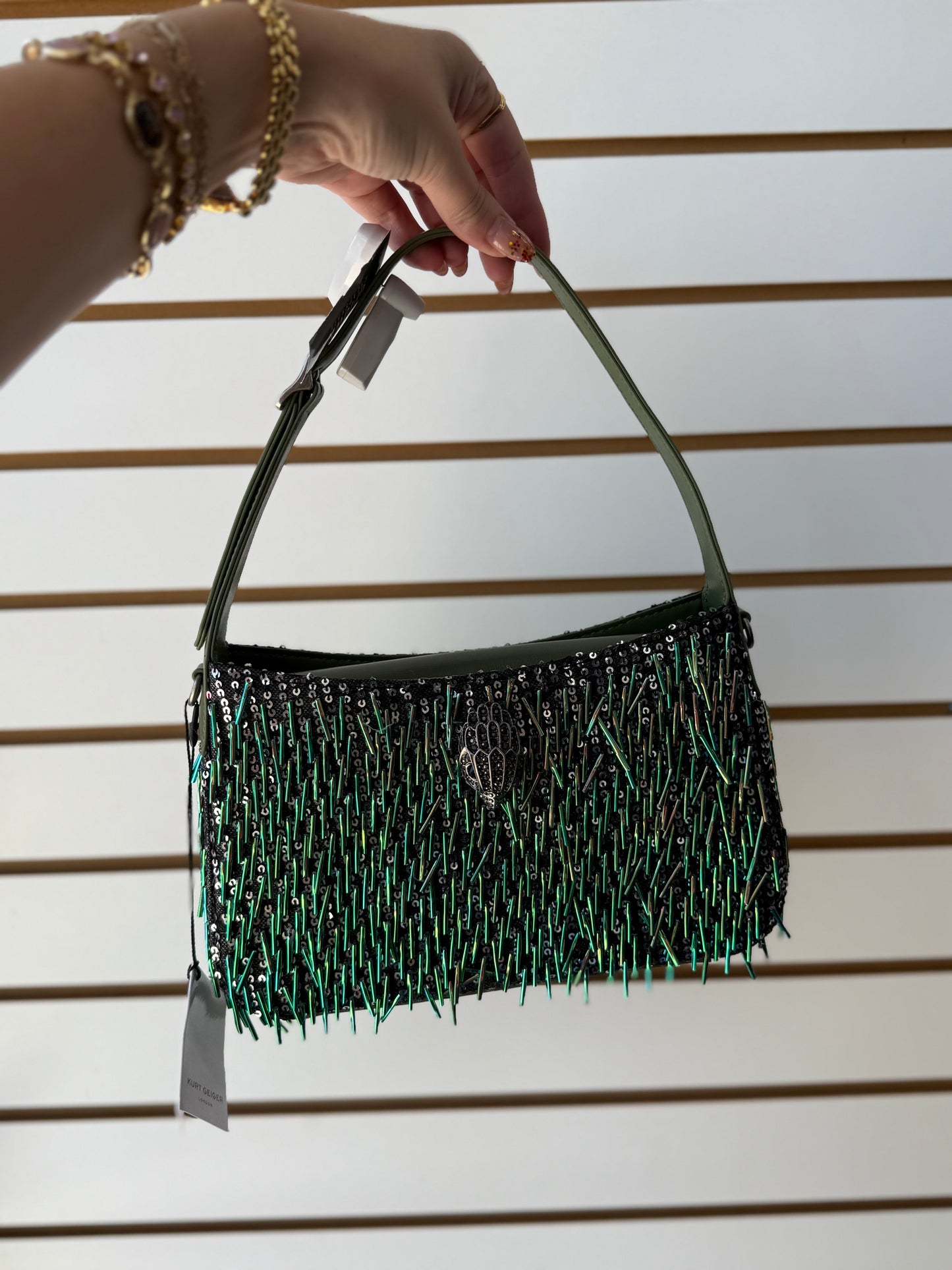 NWT Kurt Geiger Bond green beaded sequin shoulder bag w/ crossbody strap & dust bag
