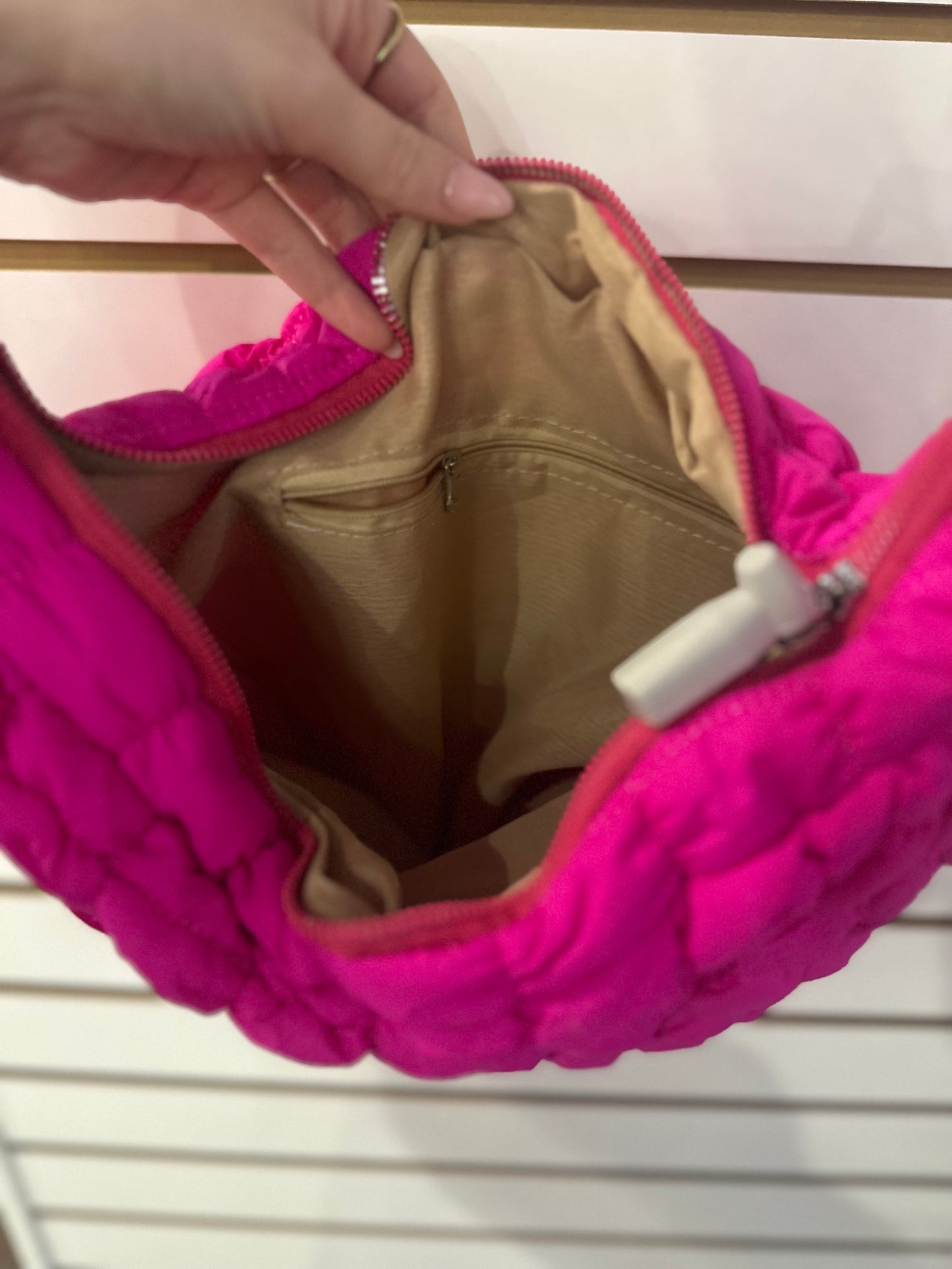 Hot pink quilted puffer bag, no brand