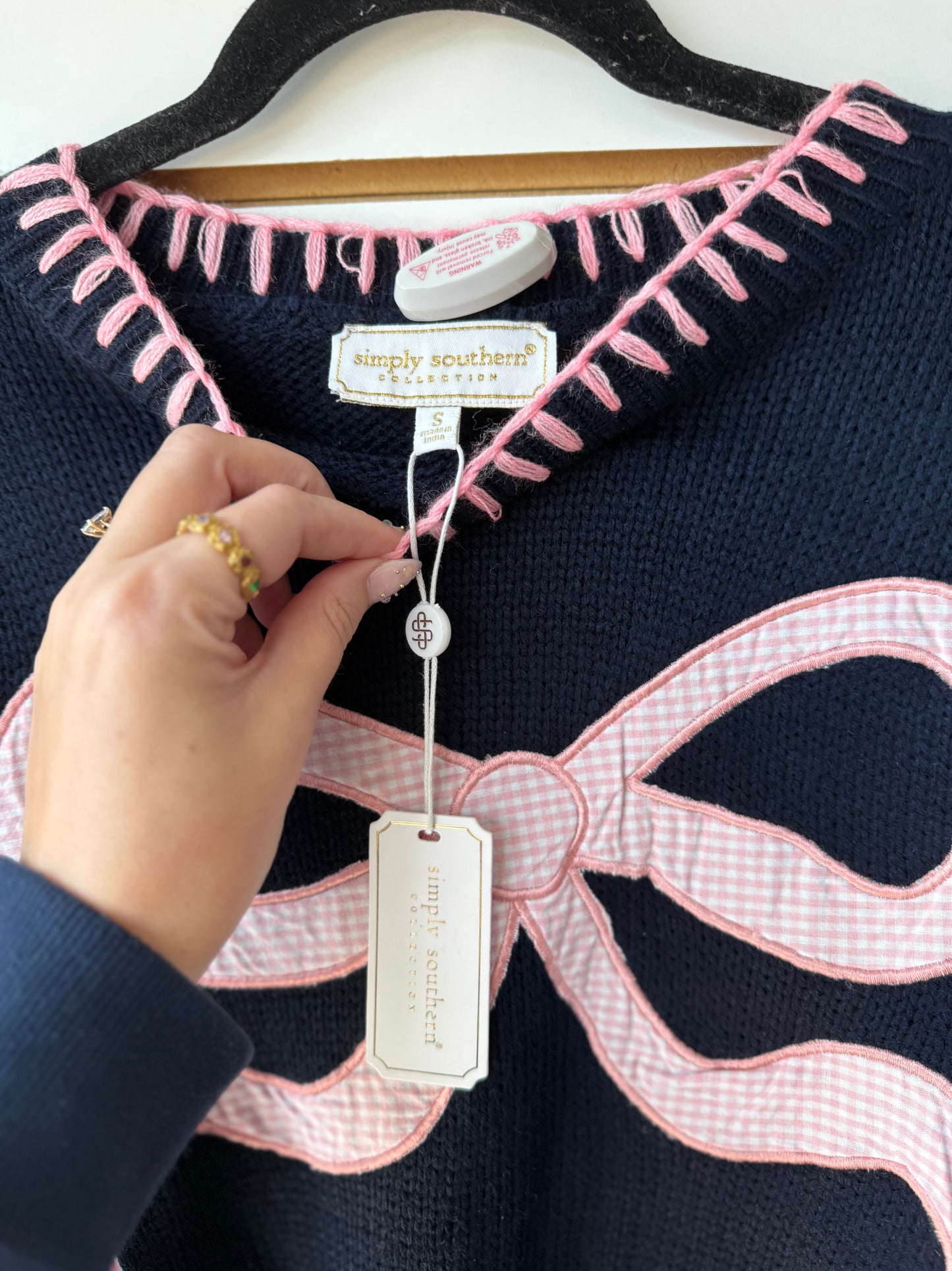 NWT Simply Southern navy & pink embroidered bow sweater size small