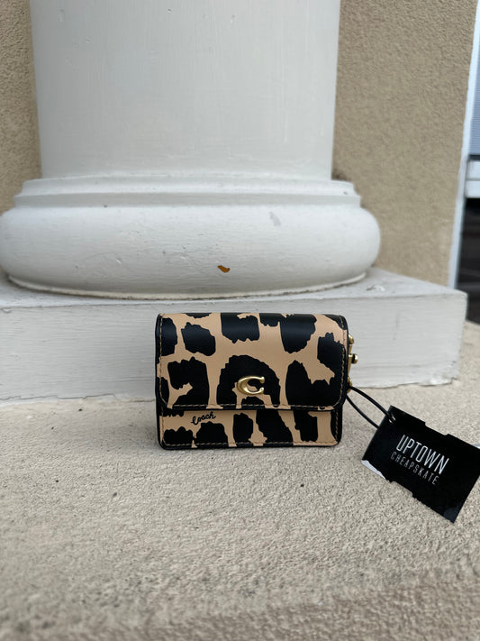 Coach Leopard Print Leather Flap Card Case w/ crossbody strap