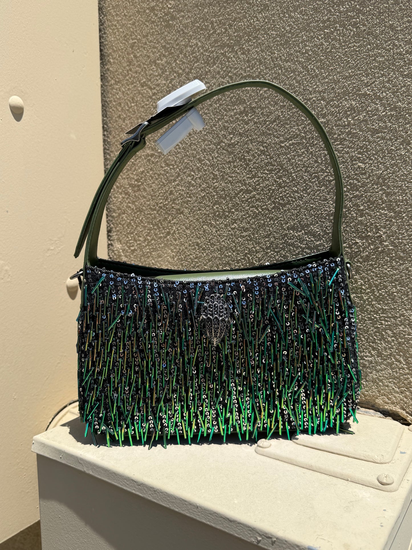 NWT Kurt Geiger Bond green beaded sequin shoulder bag w/ crossbody strap & dust bag
