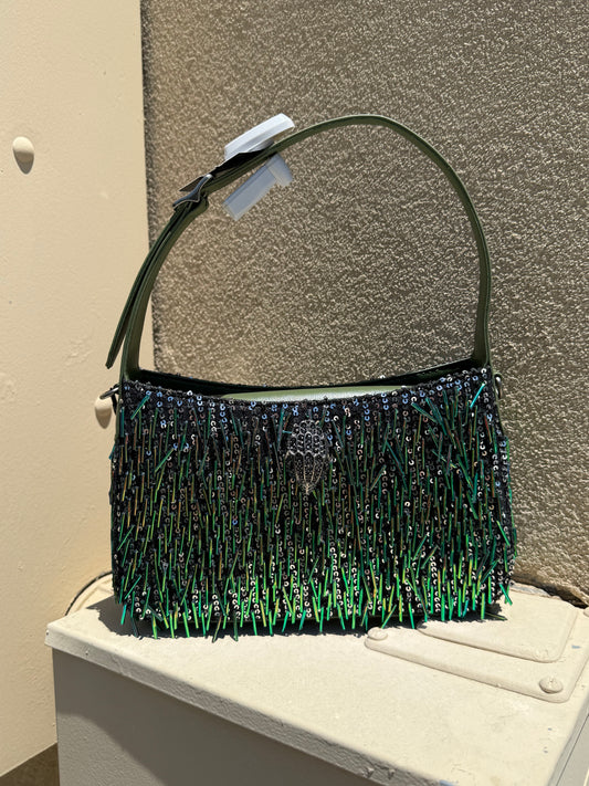NWT Kurt Geiger Bond green beaded sequin shoulder bag w/ crossbody strap & dust bag