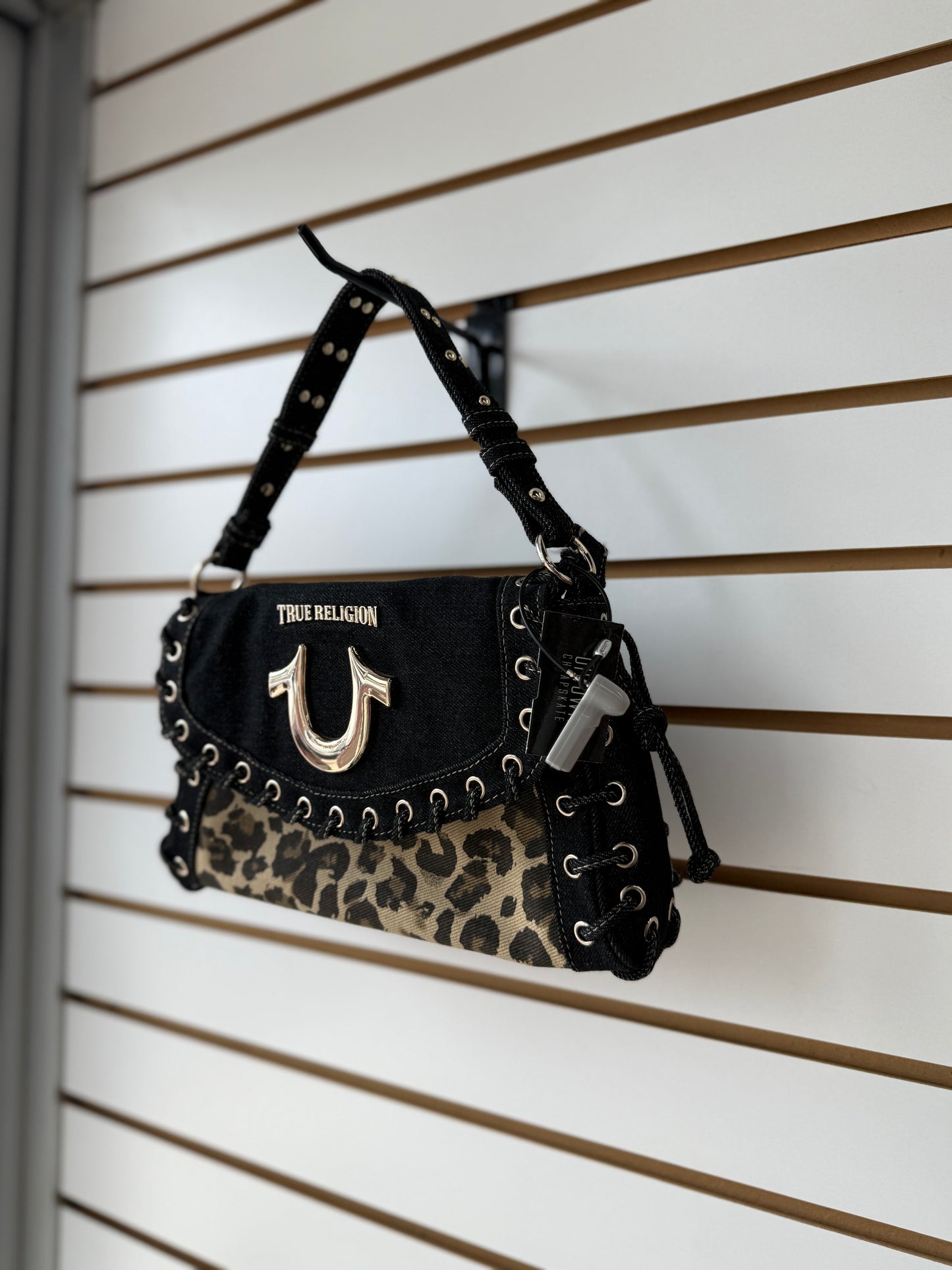 True Religion Denim Leopard Eyelet Trim Flap Bag