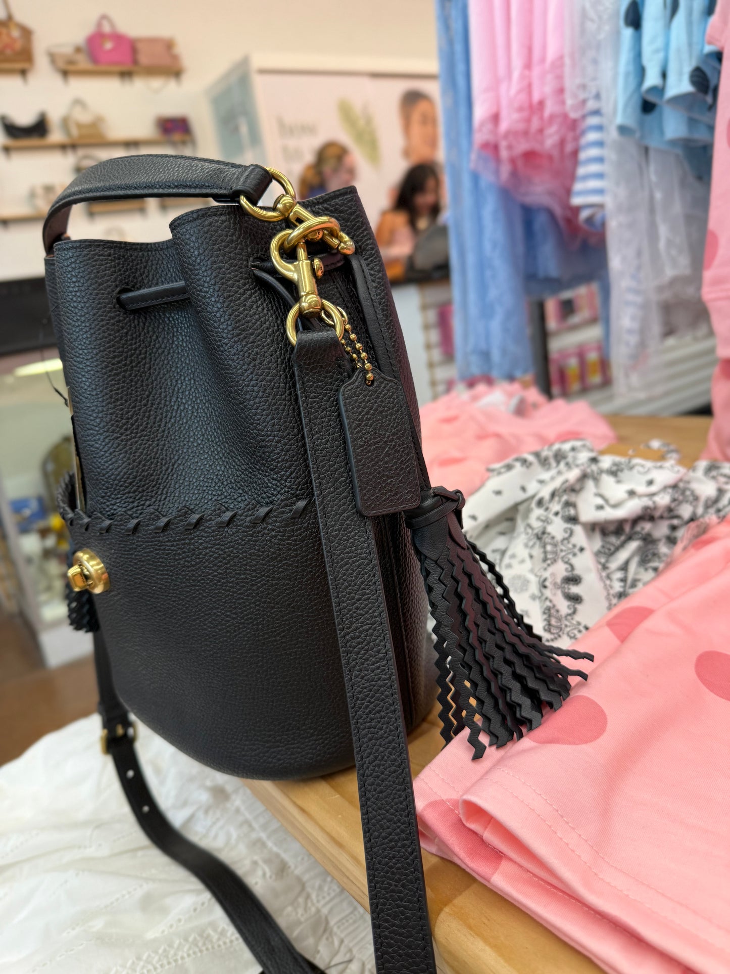 Coach Lora black leather whipstitch bucket bag with dustbag