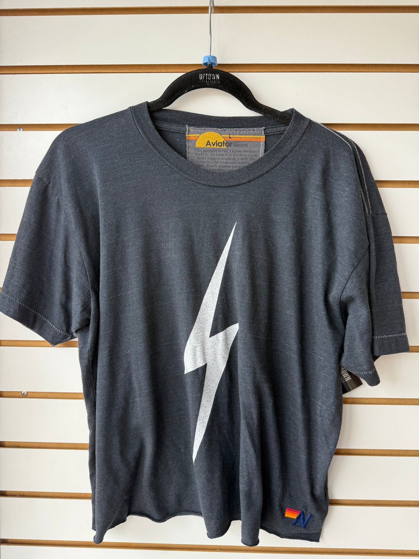 Aviator Nation navy blue lightning bolt cropped raw hem tee size large