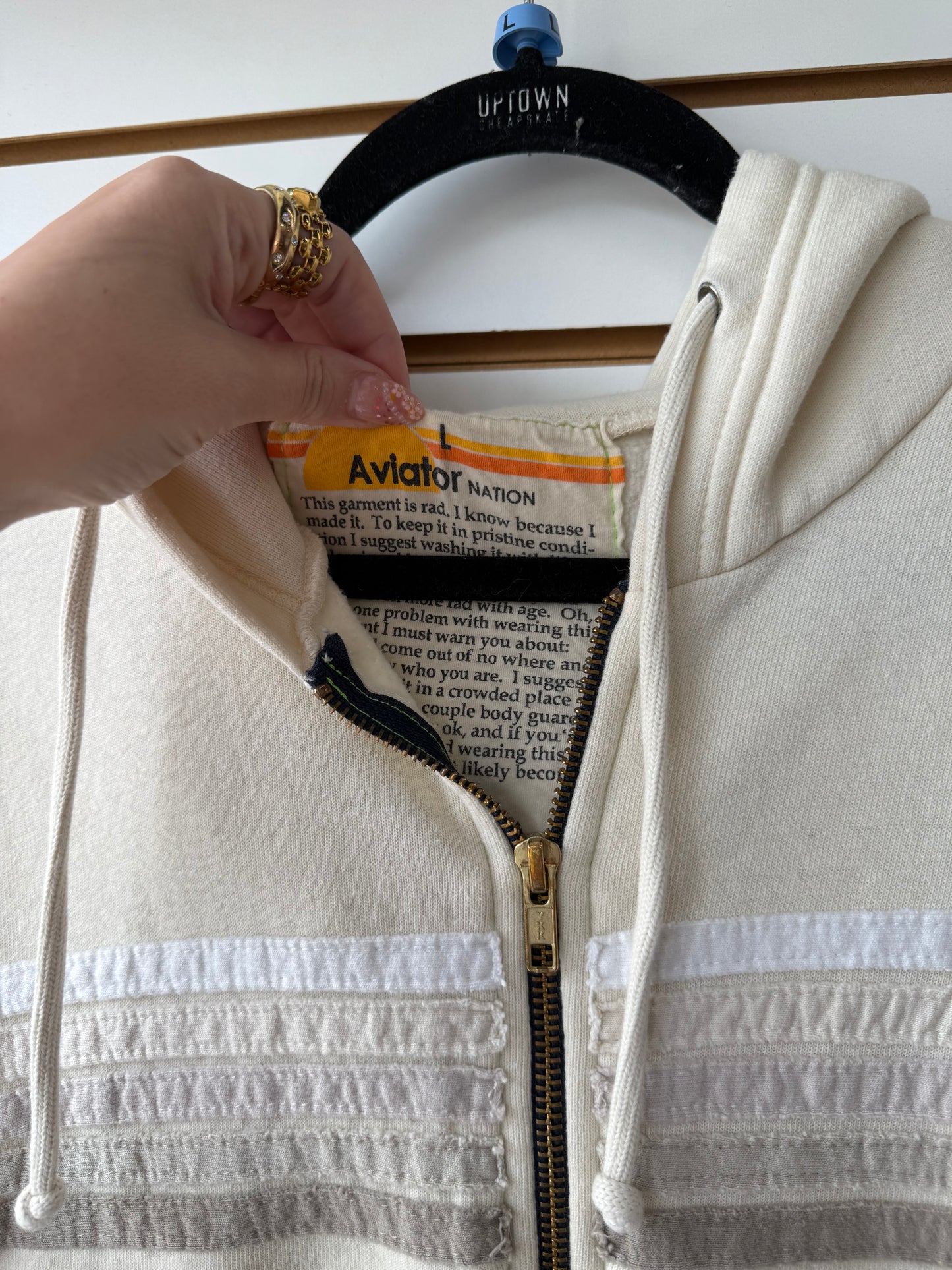 Aviator nation cream 5 stripe zip up hoodie size large