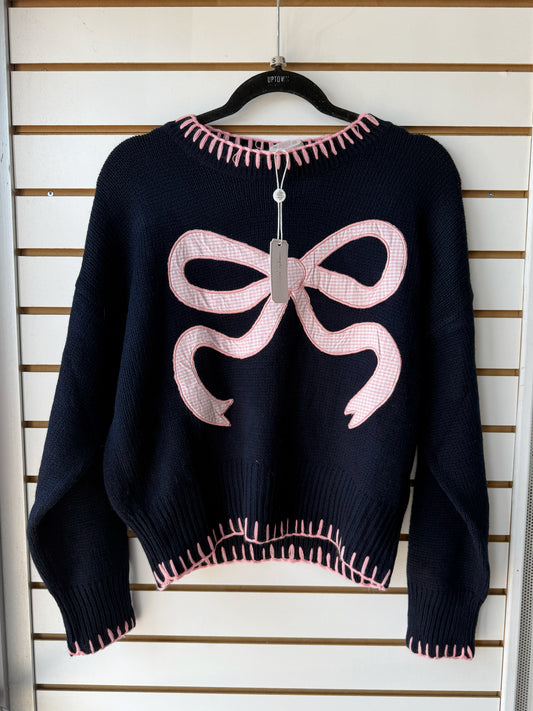 NWT Simply Southern navy & pink embroidered bow sweater size small