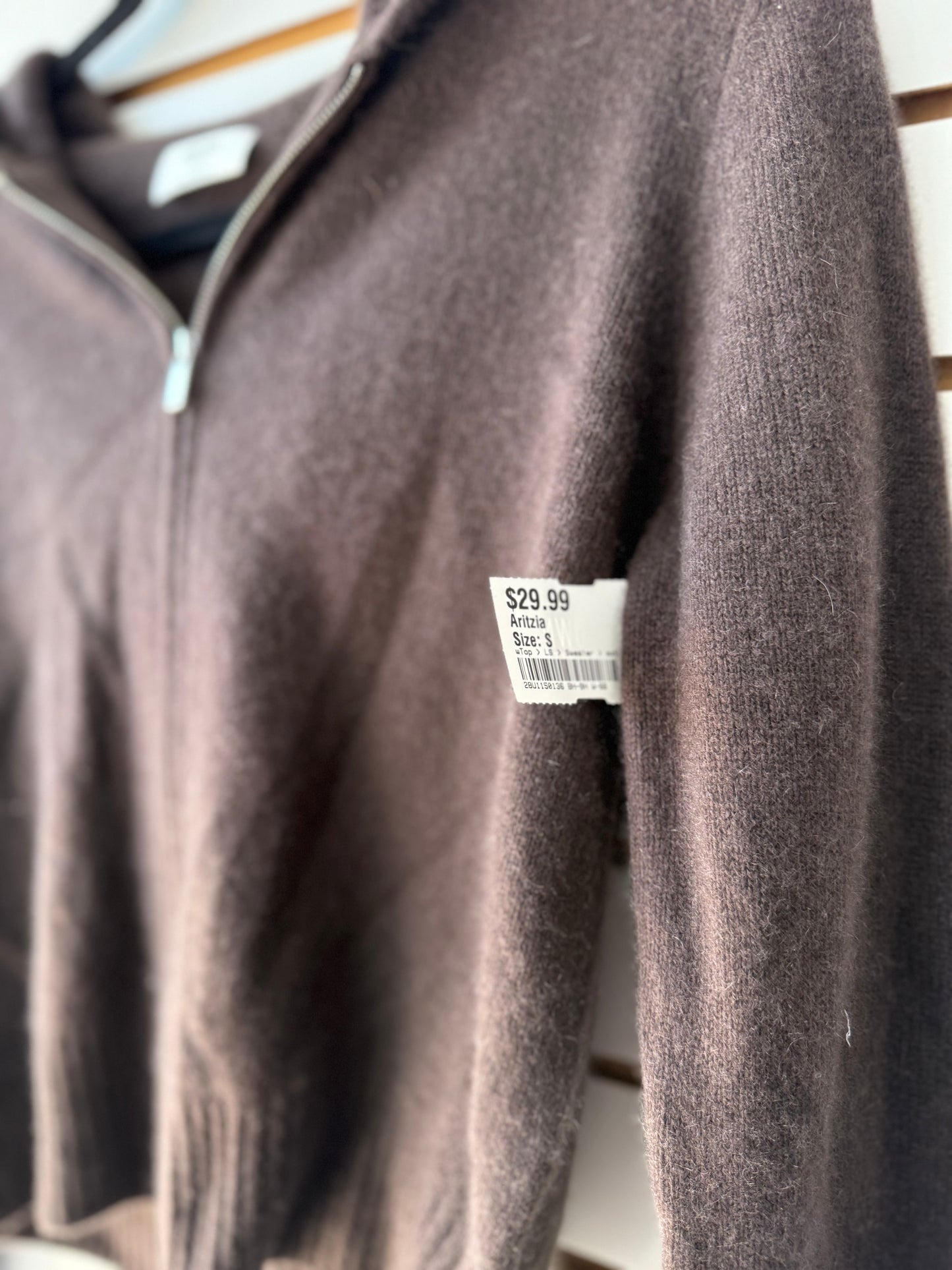 Aritzia brown hooded cashmere zip up size small