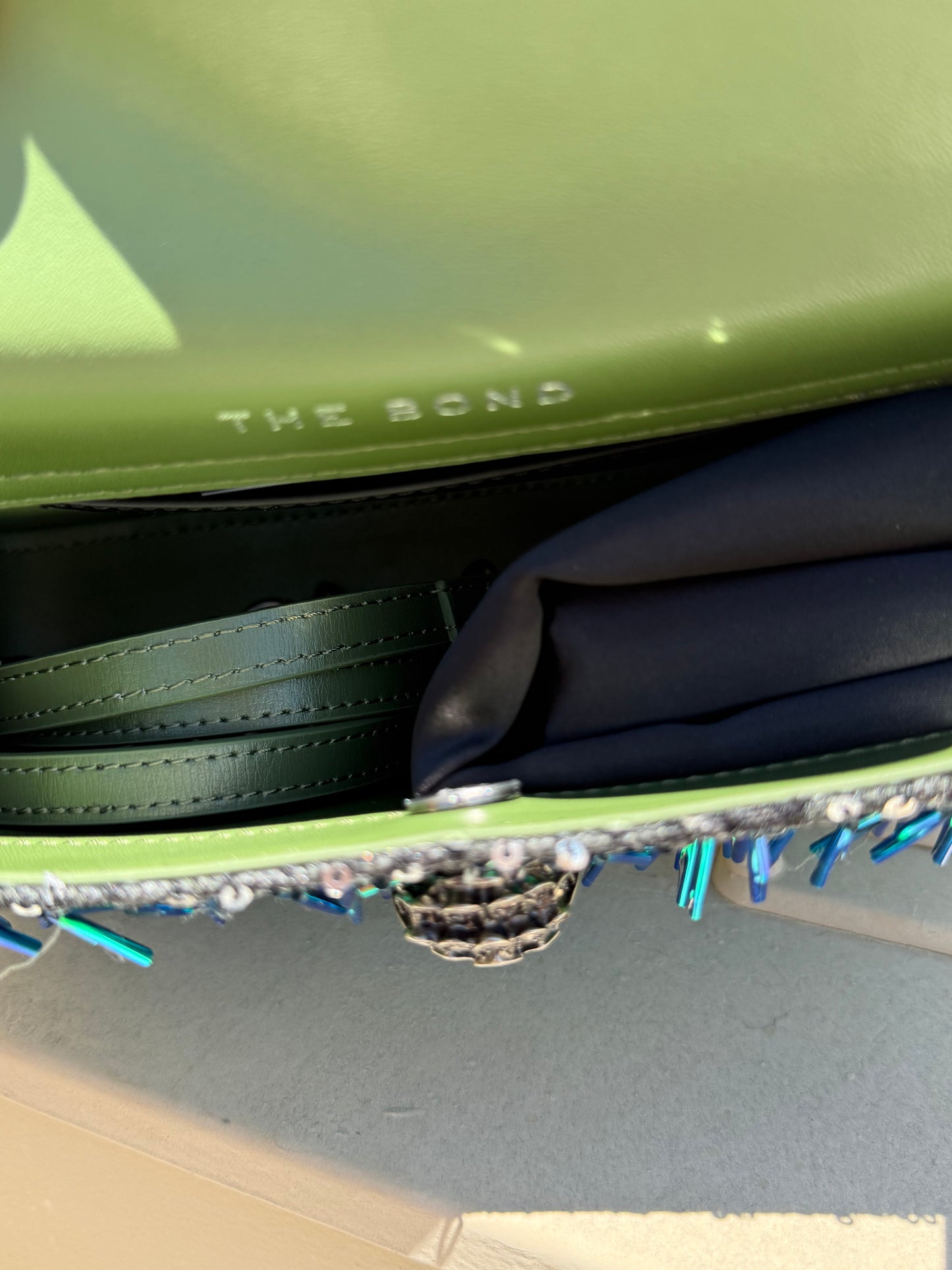 NWT Kurt Geiger Bond green beaded sequin shoulder bag w/ crossbody strap & dust bag