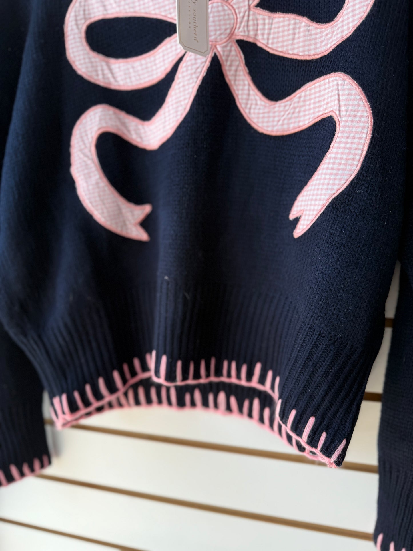 NWT Simply Southern navy & pink embroidered bow sweater size small