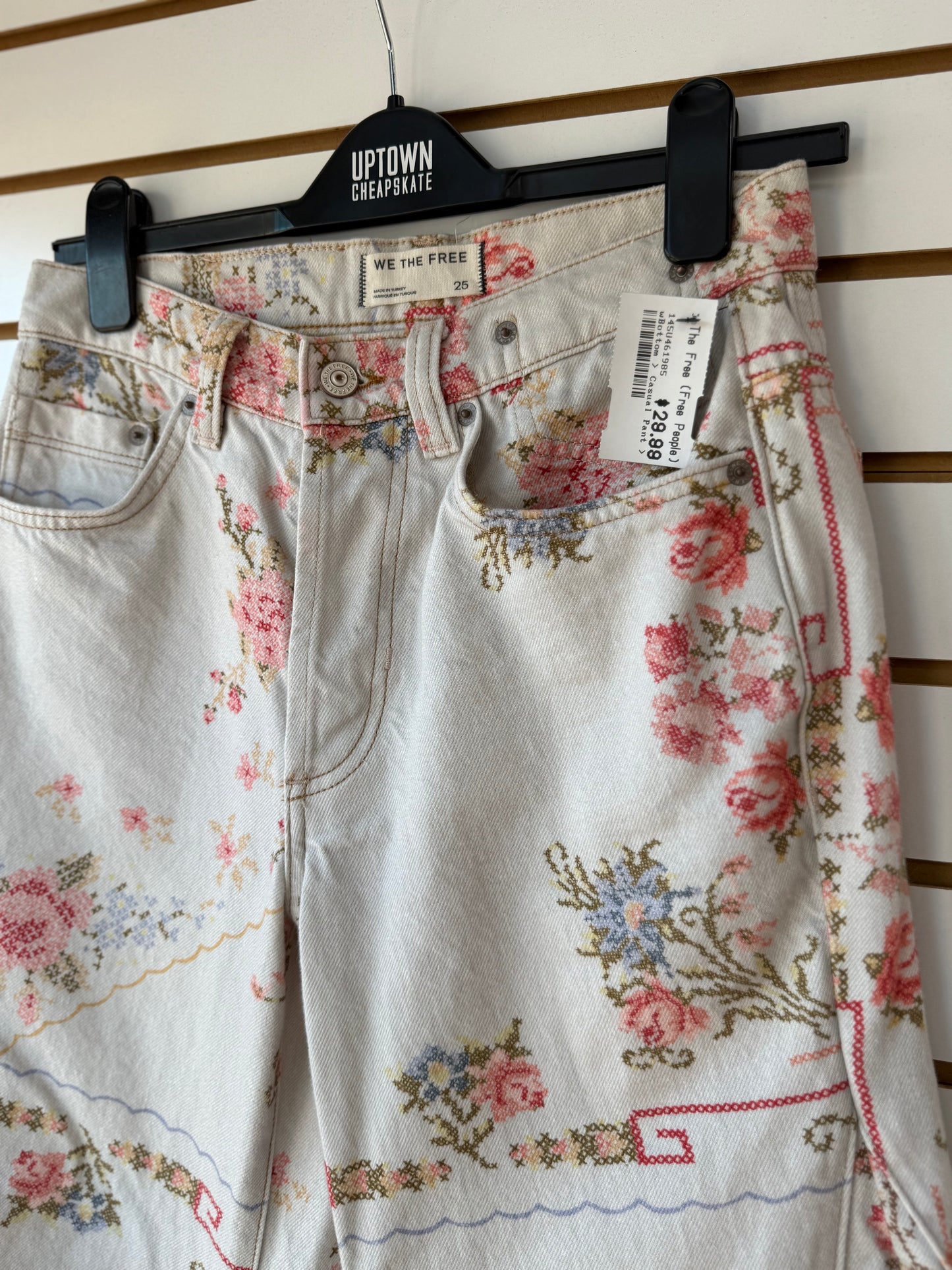 RESERVED We the Free Eden Printed High Ivory Combo Cross Stitch Slouchy Jean sz 25