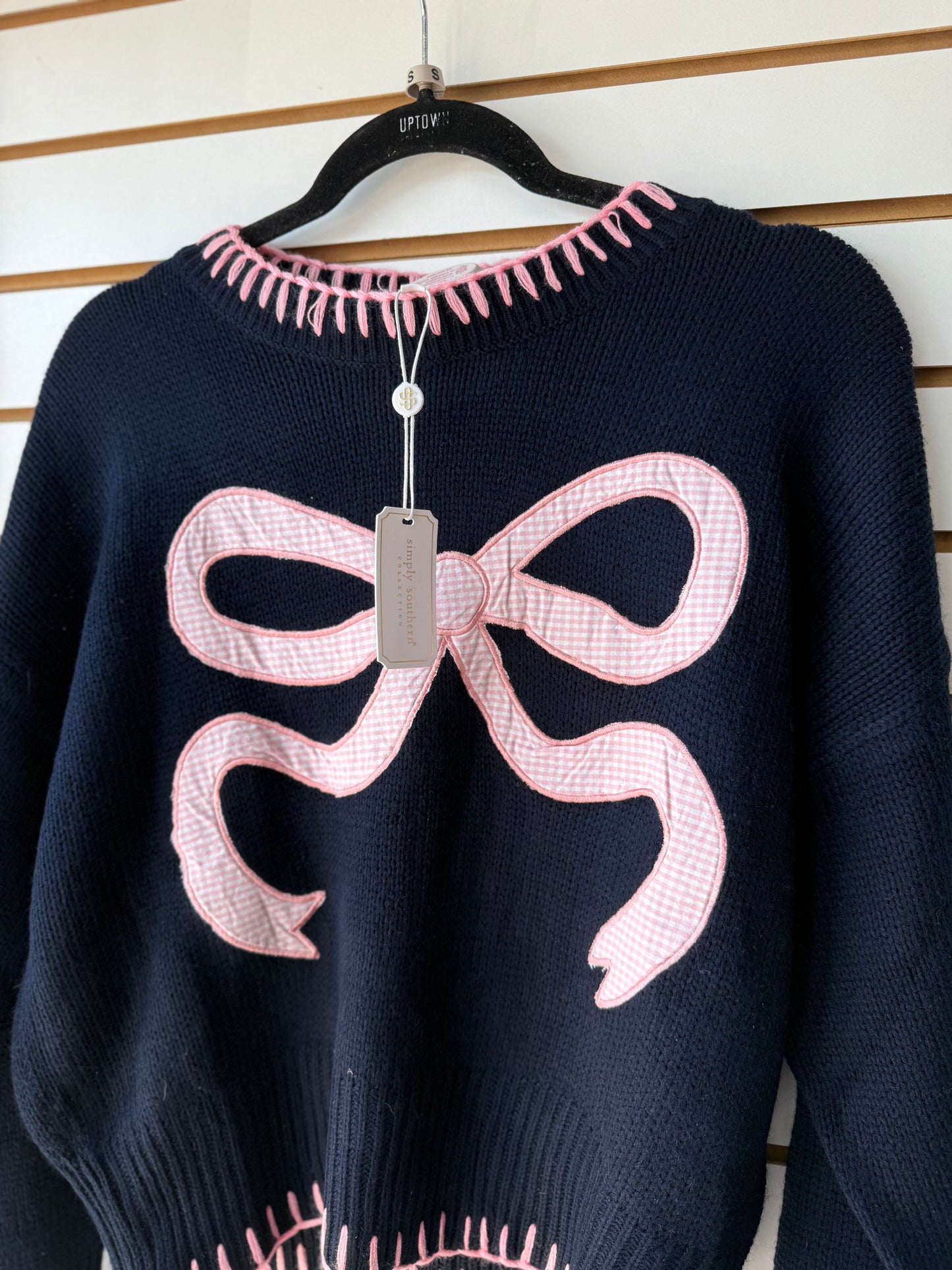 NWT Simply Southern navy & pink embroidered bow sweater size small