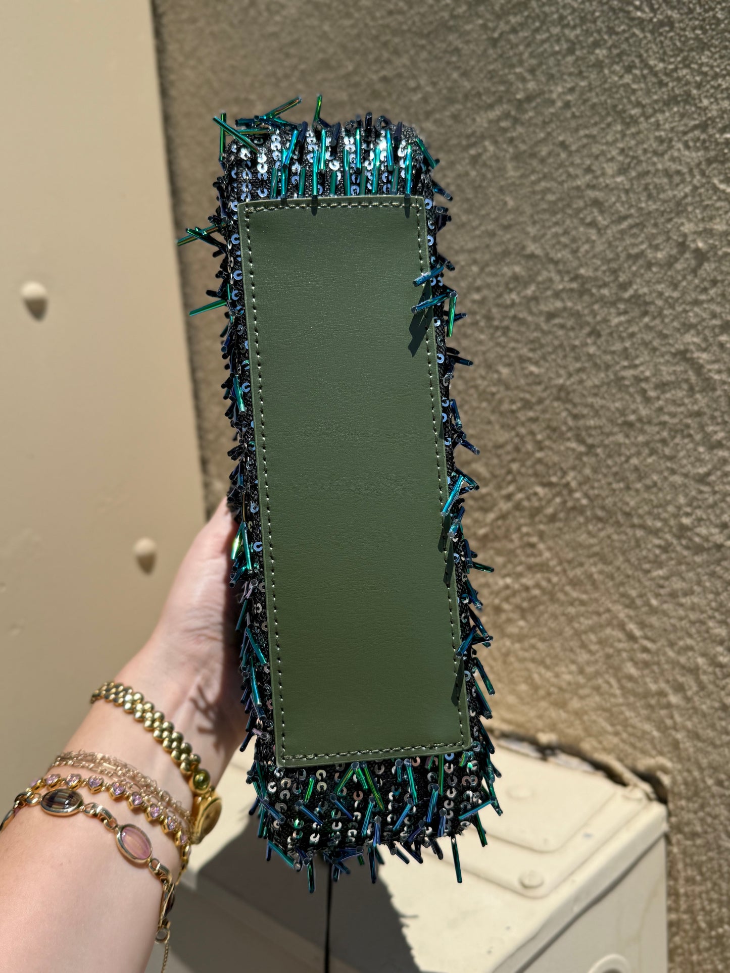 NWT Kurt Geiger Bond green beaded sequin shoulder bag w/ crossbody strap & dust bag