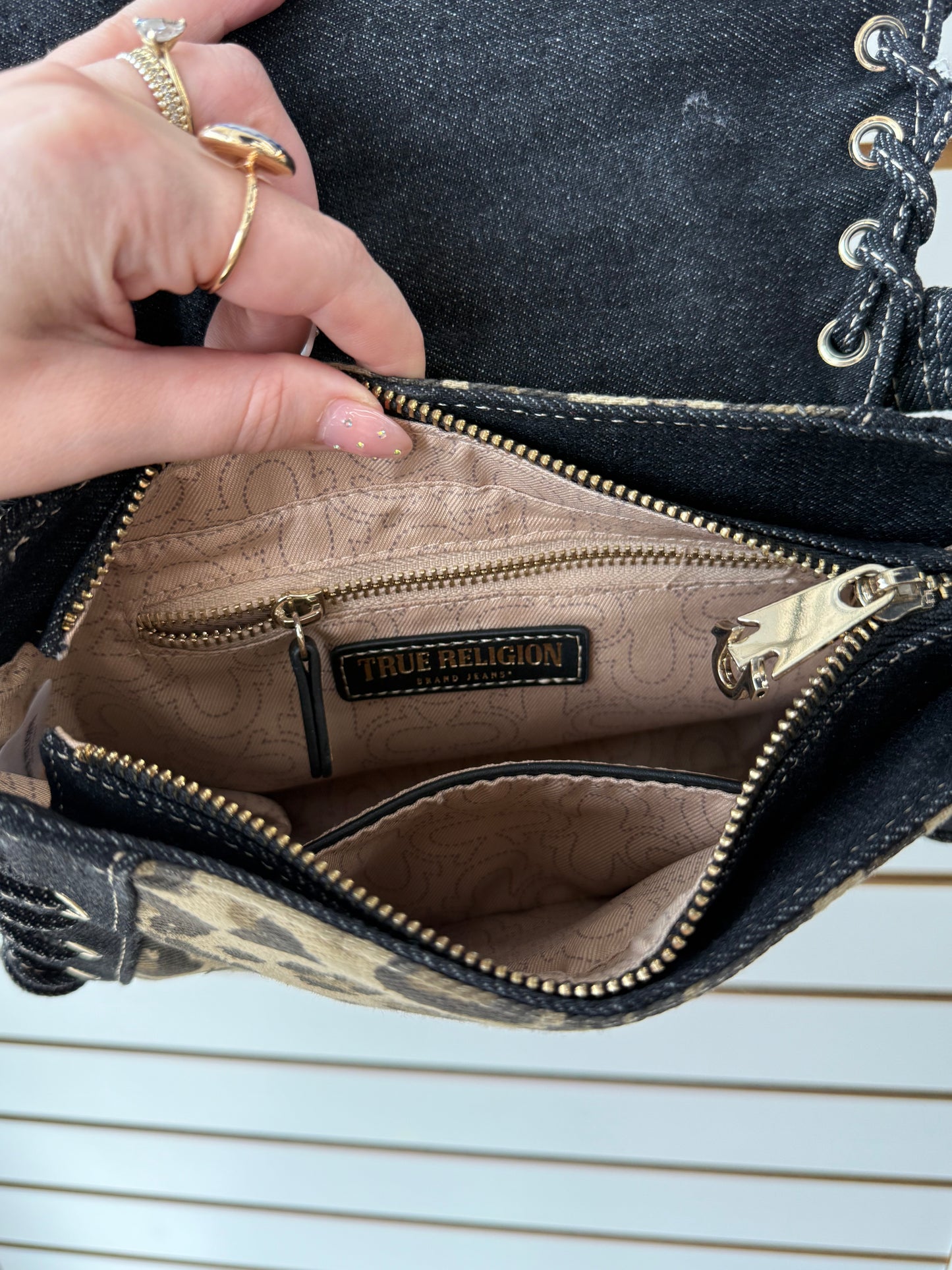 True Religion Denim Leopard Eyelet Trim Flap Bag