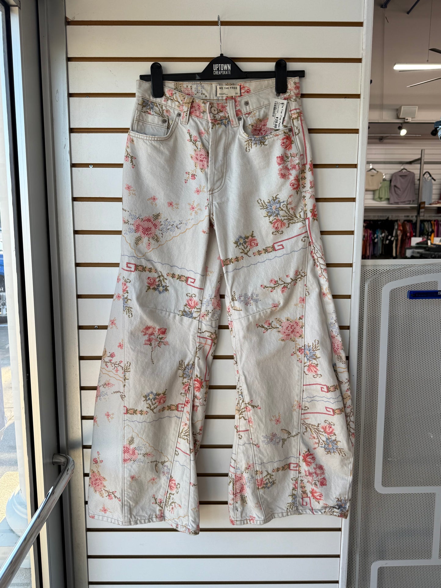 RESERVED We the Free Eden Printed High Ivory Combo Cross Stitch Slouchy Jean sz 25