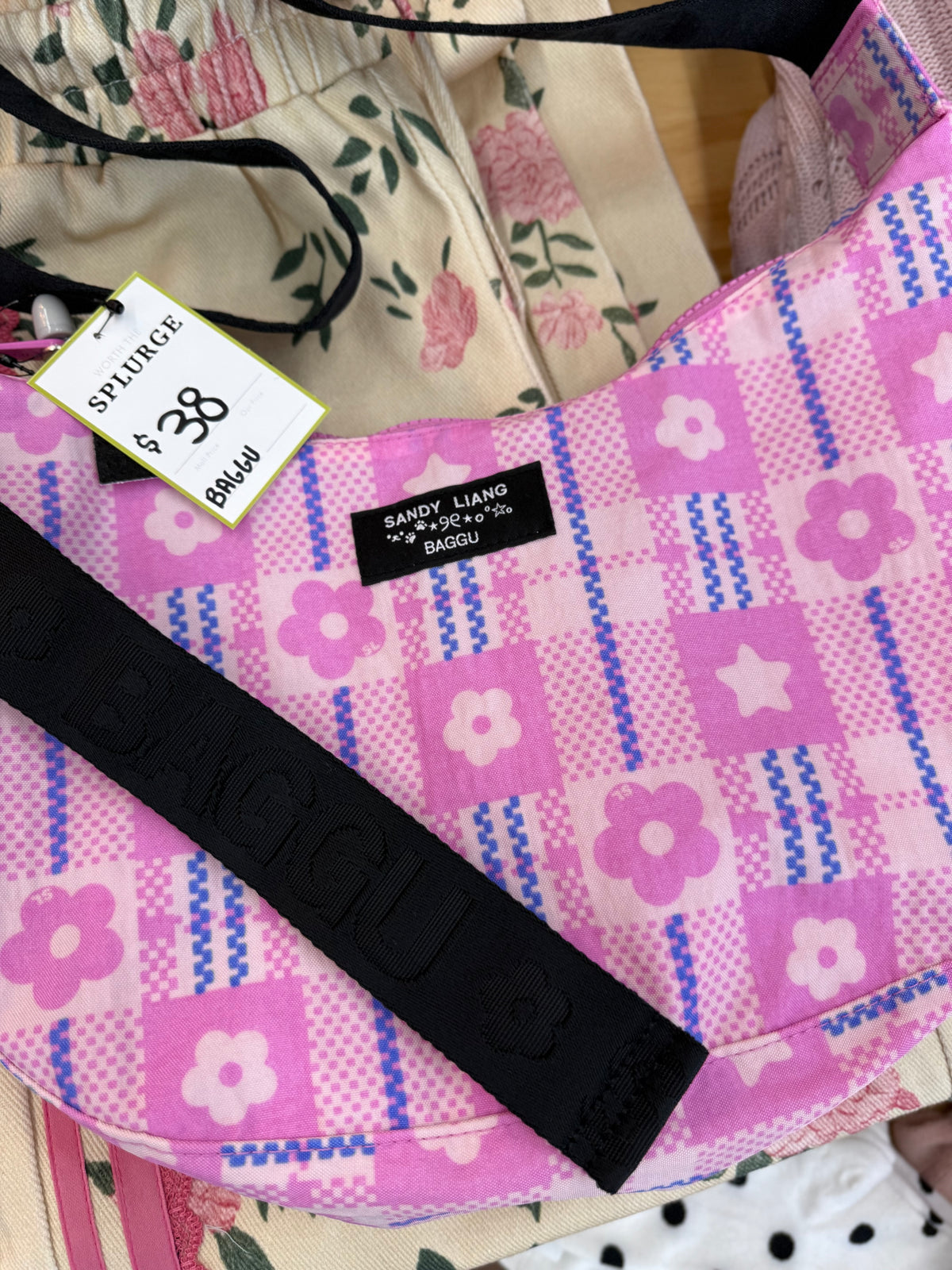 Baggu x Sandy Liang Nylon Crescent Bag Market Plaid Pink