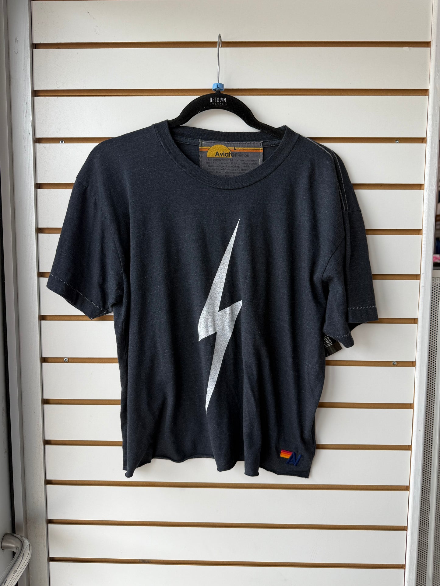 Aviator Nation navy blue lightning bolt cropped raw hem tee size large