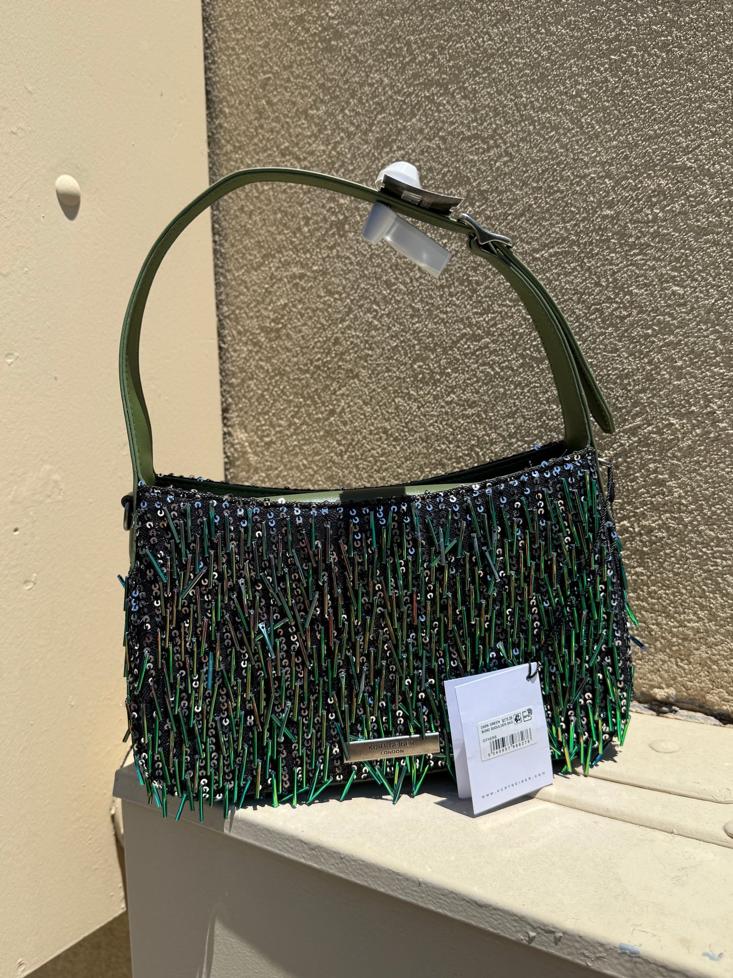 NWT Kurt Geiger Bond green beaded sequin shoulder bag w/ crossbody strap & dust bag