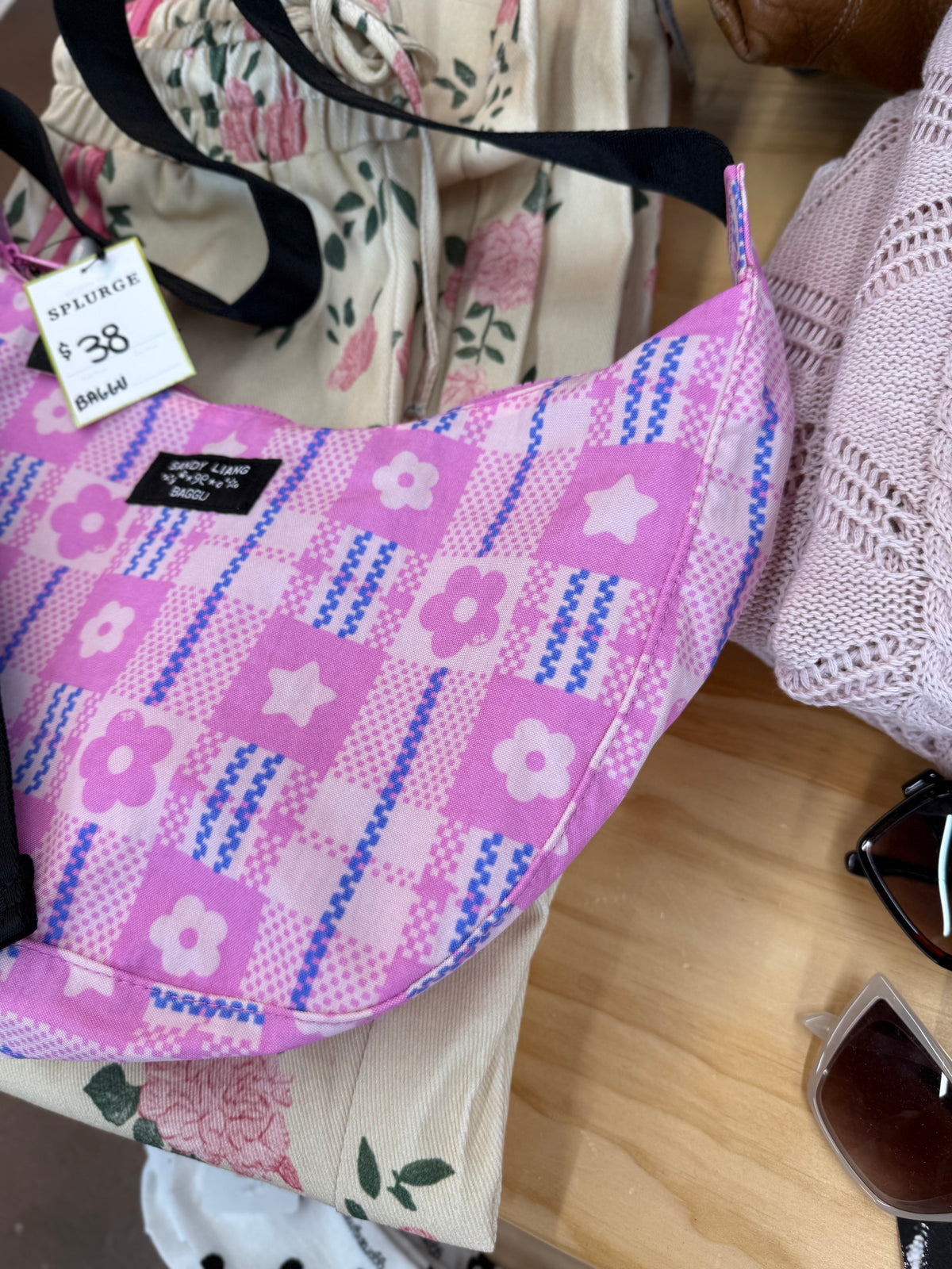 Baggu x Sandy Liang Nylon Crescent Bag Market Plaid Pink