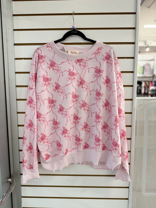Peach Love pink floral bow pullover with ruffle trim size large