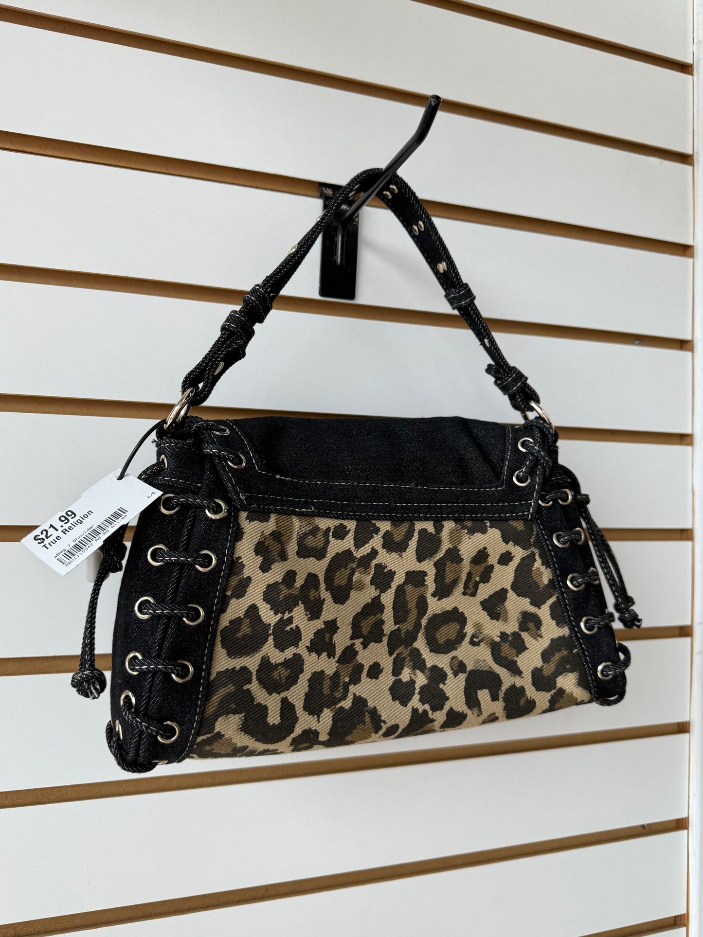 True Religion Denim Leopard Eyelet Trim Flap Bag