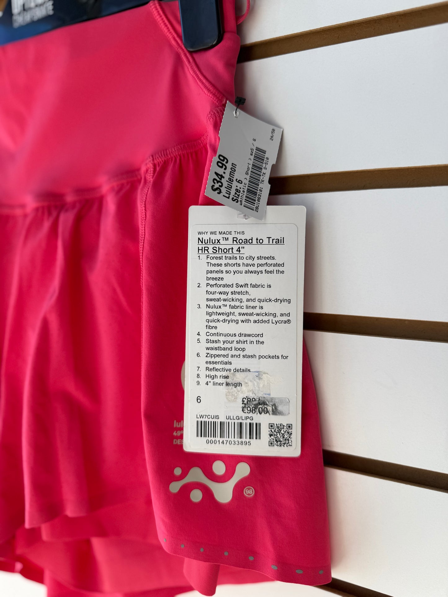NWT Lululemon hot pink Nulux Road to Trail HR short 4” size 6