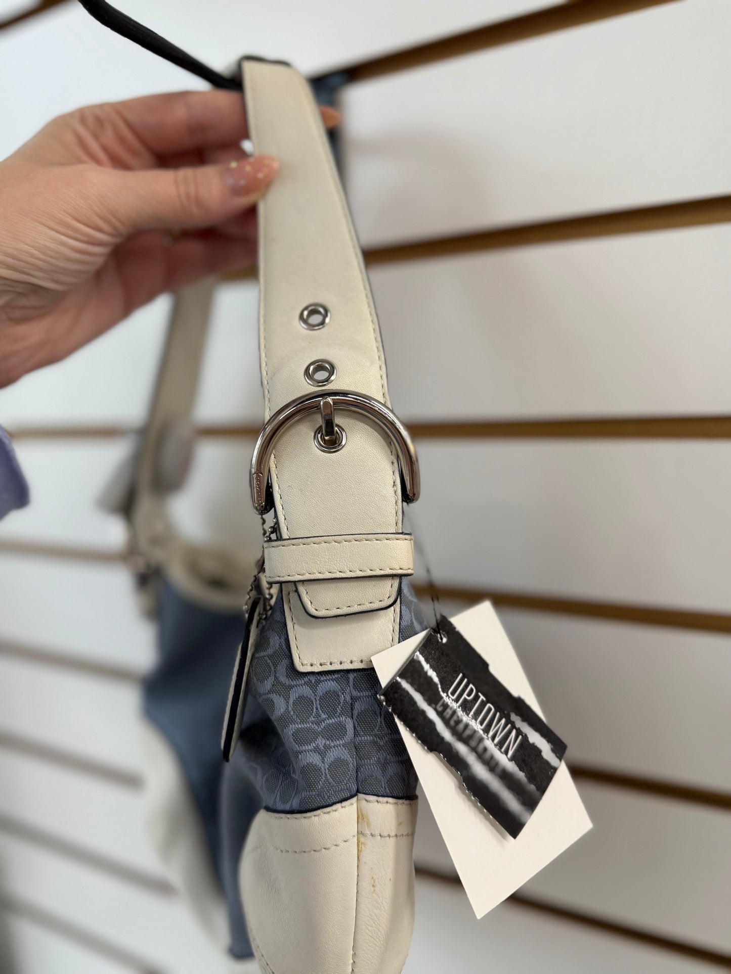 Vintage Coach soho signature blue and white shoulder bag (shows wear- see photos)
