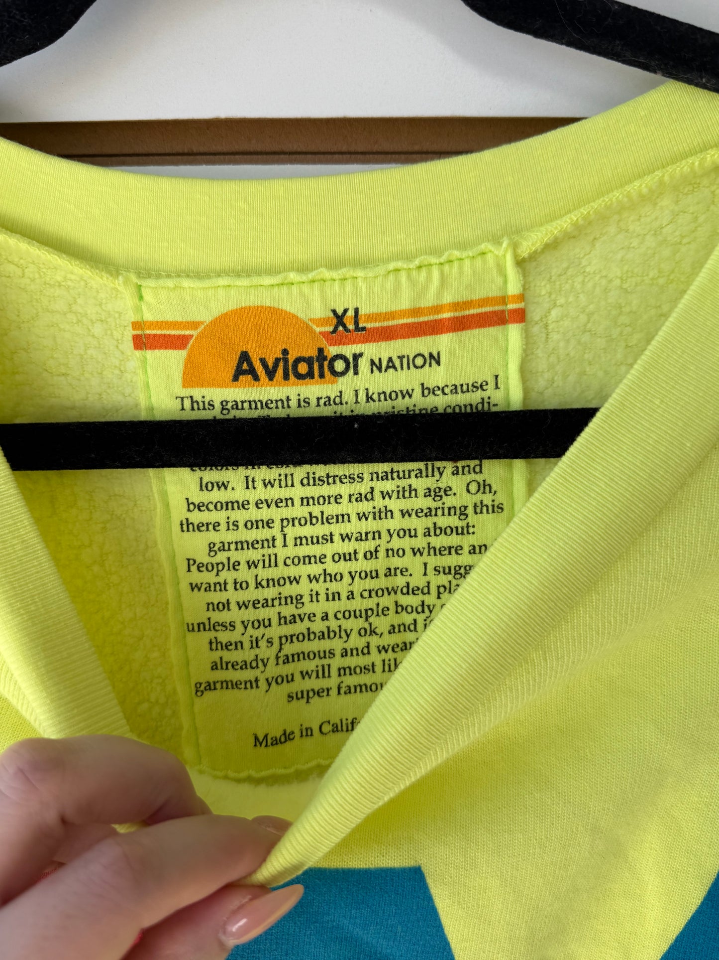 Aviator Nation yellow logo pullover size XL (small flaw on back)